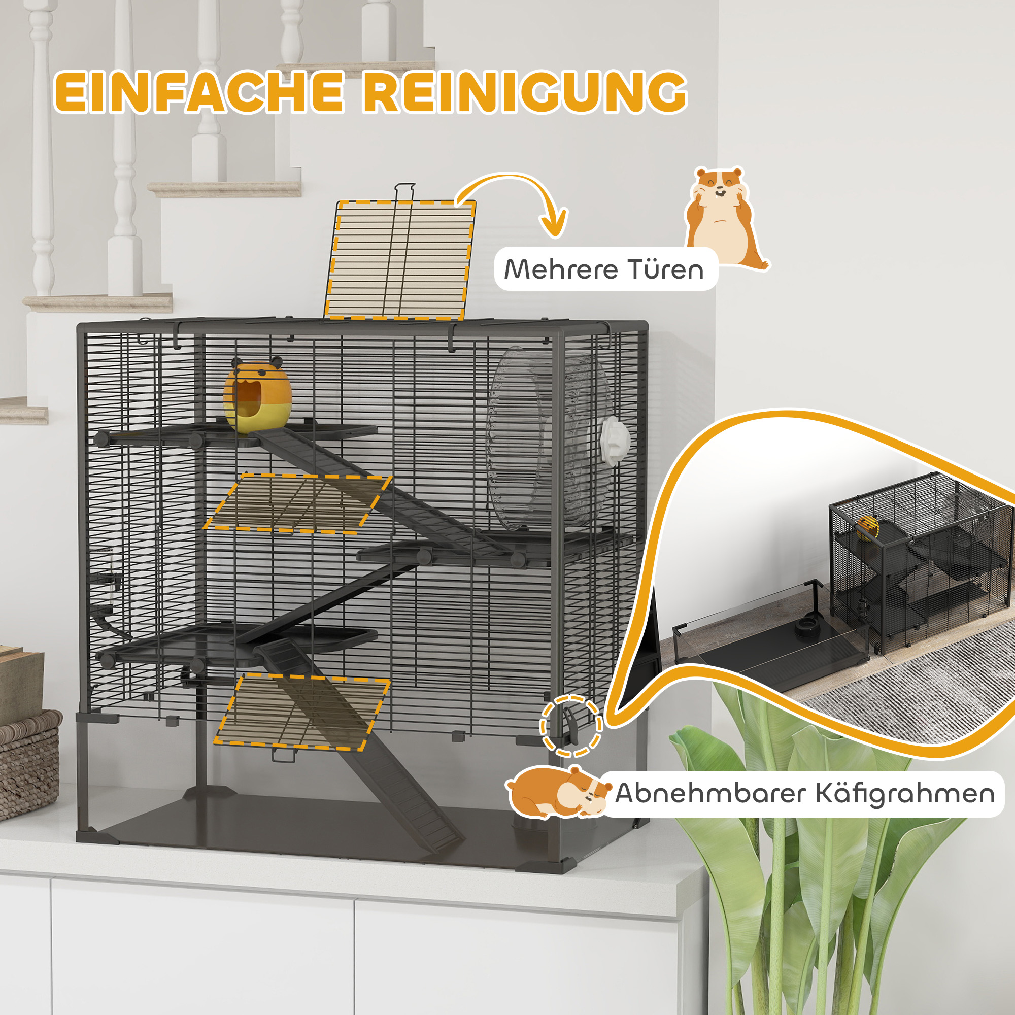 Hamsterkäfig mit Glasboden, 4-stufiges Hamstergehege mit Hütte und Zubehör, 78,5L x 48,5B x 80H cm, Schwarz
