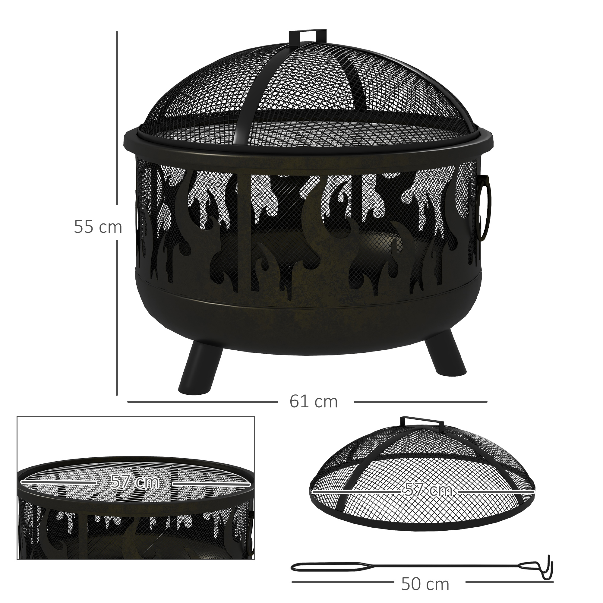 Feuerschale Feuerstelle, inkl, Funkenschutz, 1 Schürhaken, Ø61,5 cm x 52 cm, Schwarz