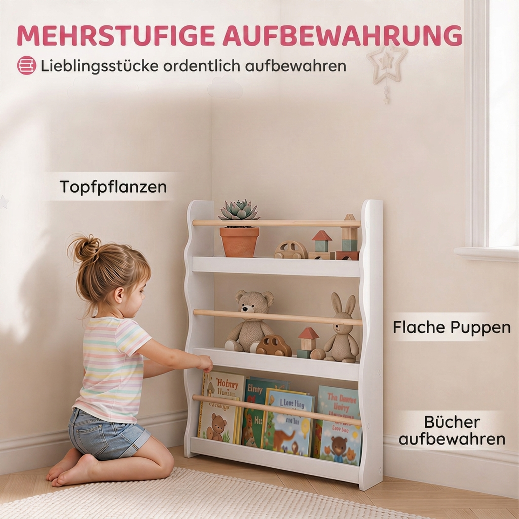 Bücherregal Kinder, Wandmontiert Kinderregal mit 3 Ebenen, Wandregal mit Kippschtz 60 x 15 x 73 cm Weiß