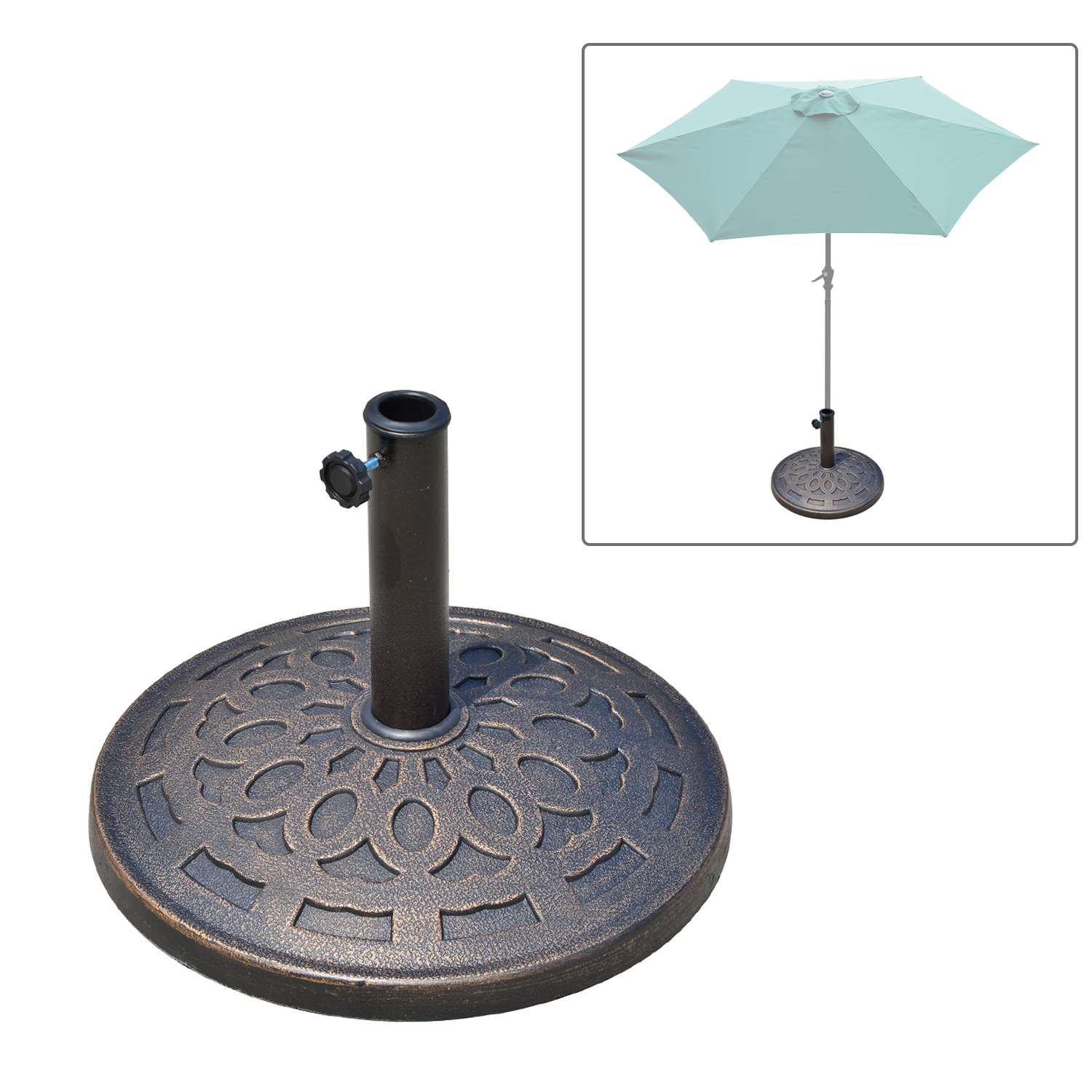Sonnenschirmständer aus Harz 14kg Schirmständer Griffe, Rund Schirmhalter, Schirmgewicht für Sonnenschirm 38mm/48mm Rohrdurchmesser, für Balkon, Terasse, Garten, Bronze