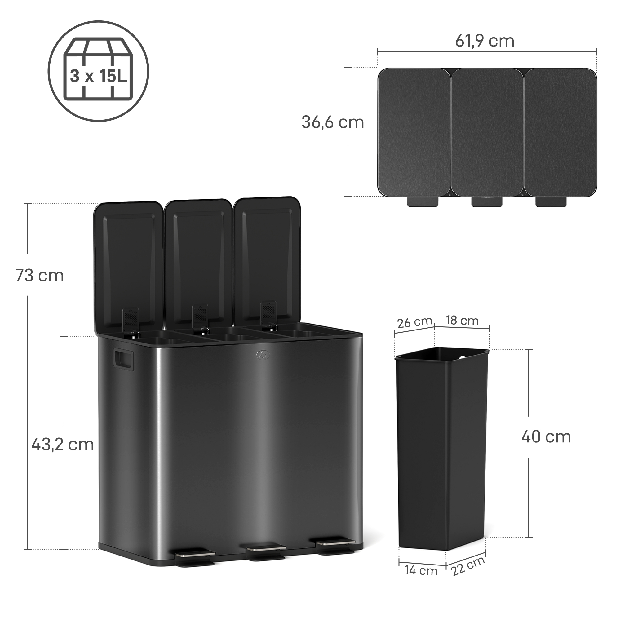 Mülleimer mit 3 x 20 L Fächern, Deodorant-Deckel, fingerabdrucksicher, Soft-Close, herausnehmbar, Schwarz