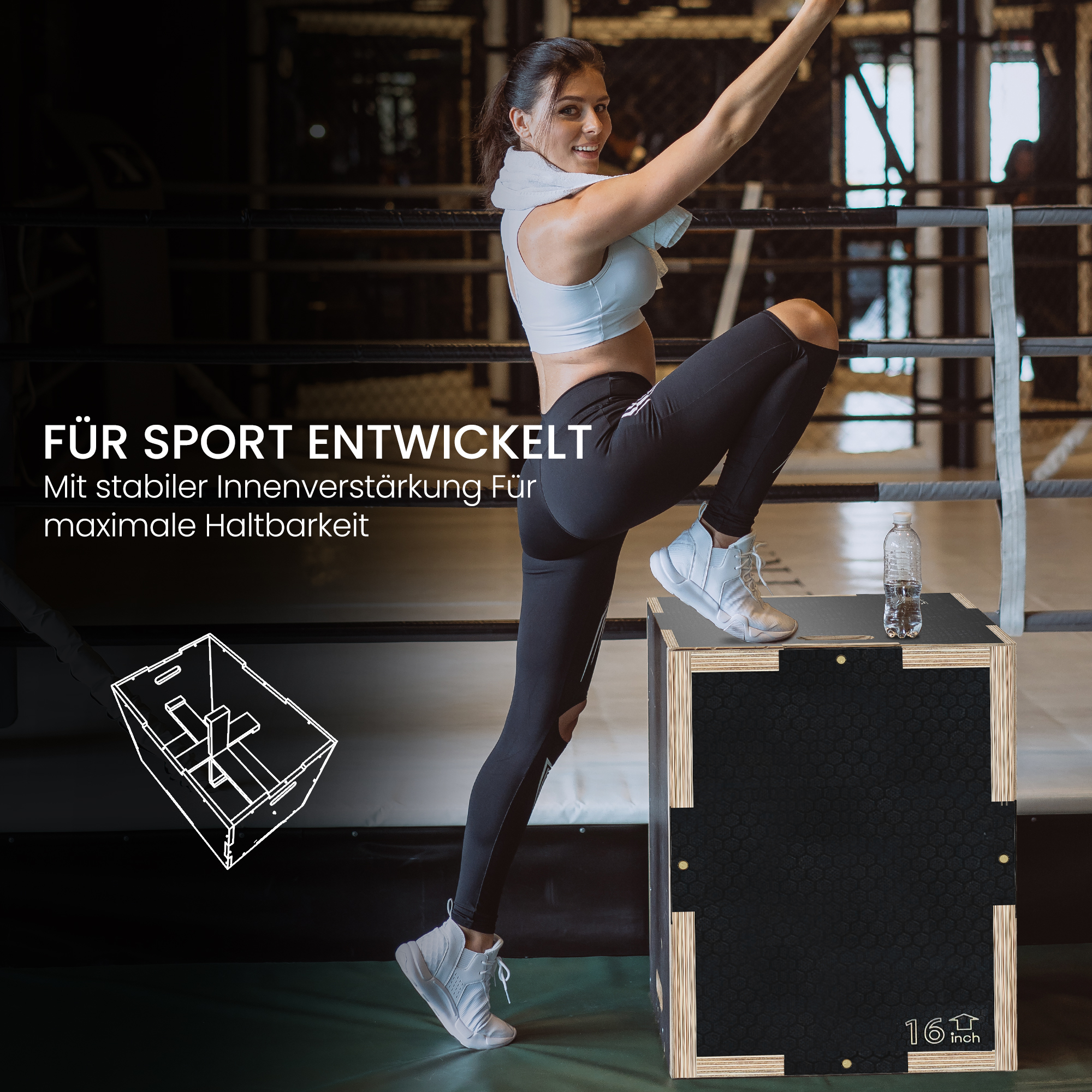Plyo-Box/Sprungbox, robust, 40,5 x 35,5 x 30,5 cm, Schwarz, Griff 10x3,5 cm, bis 120 kg