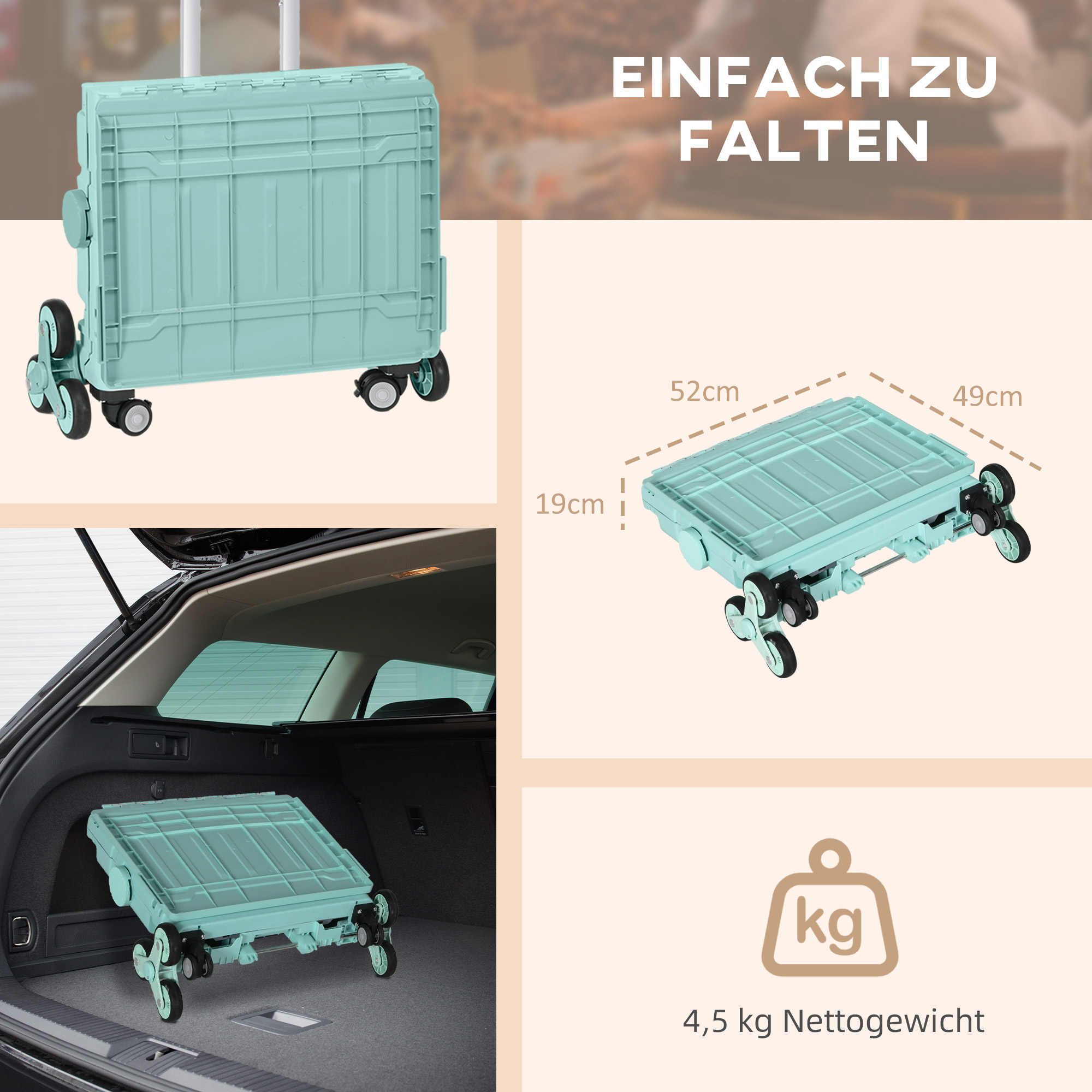 Einkaufswagen Einkaufstrolley, Treppensteiger,  klappbar, Teleskopgriff, bis max, 65 Kilo belastbar, Grün