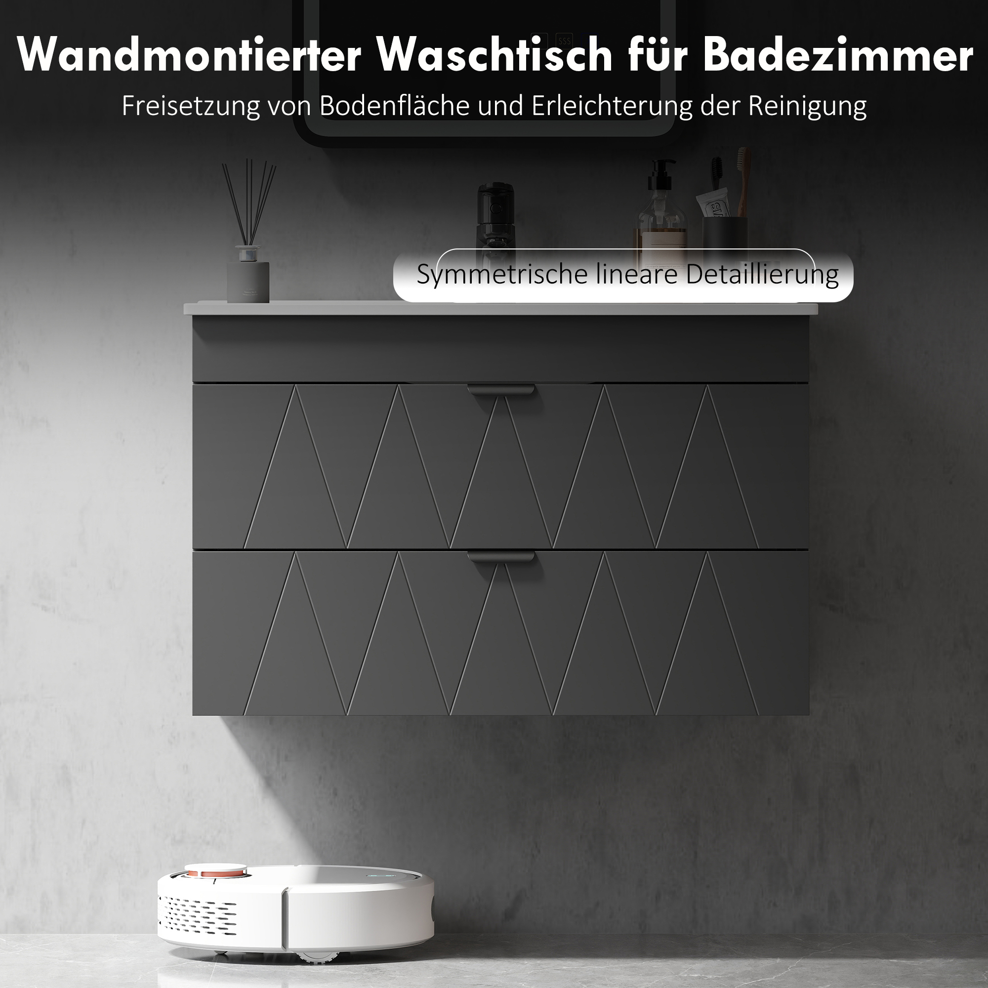 Waschbeckenunterschrank Hängender Unterschrank mit Keramikwaschbecken Soft-Close-Schubladen Schwarz