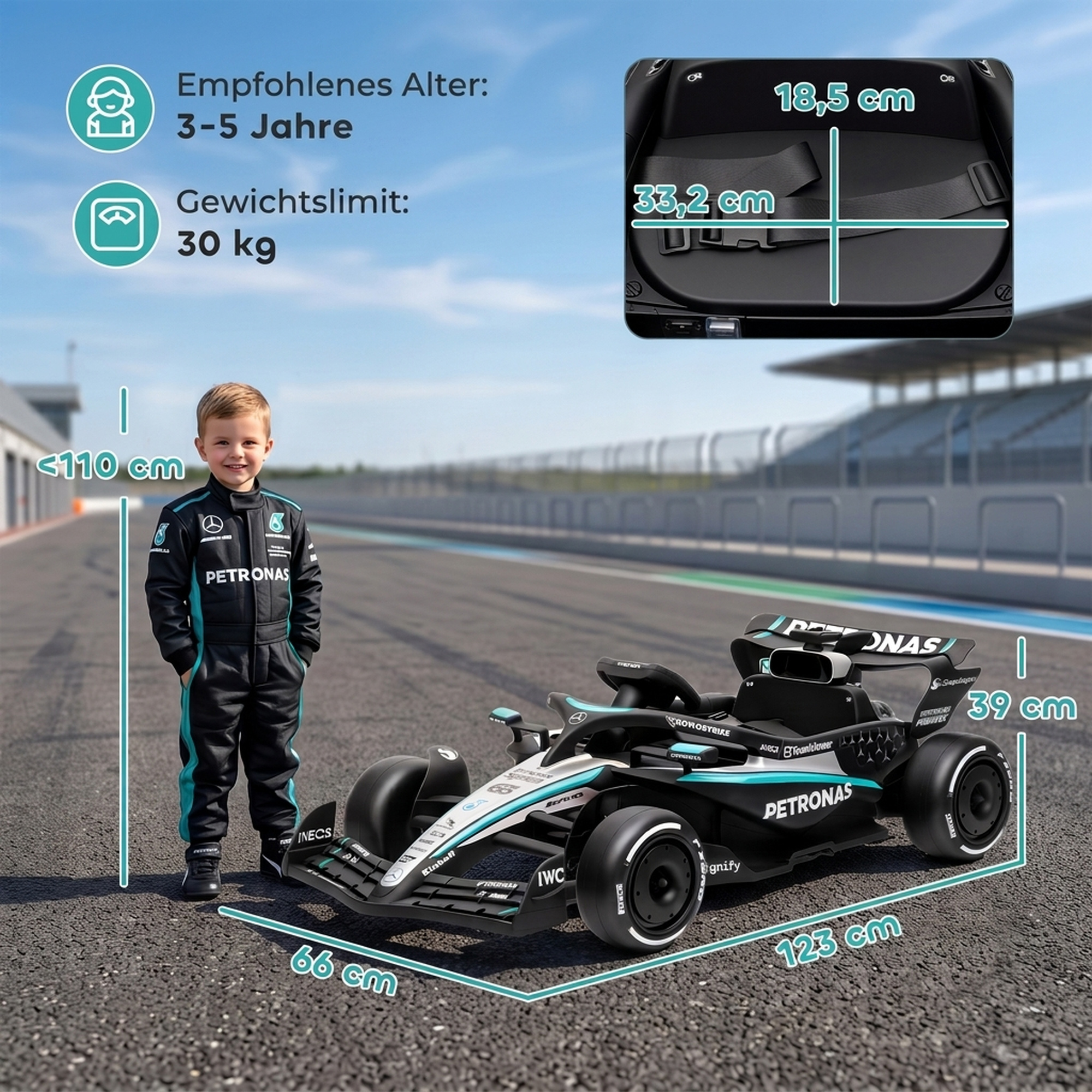 Mercedes-AMG PETRONAS F1 12 V Elektro Go-Kart für Kinder Gokart mit Lithium-Akku 2 Motoren Sanftanlauf