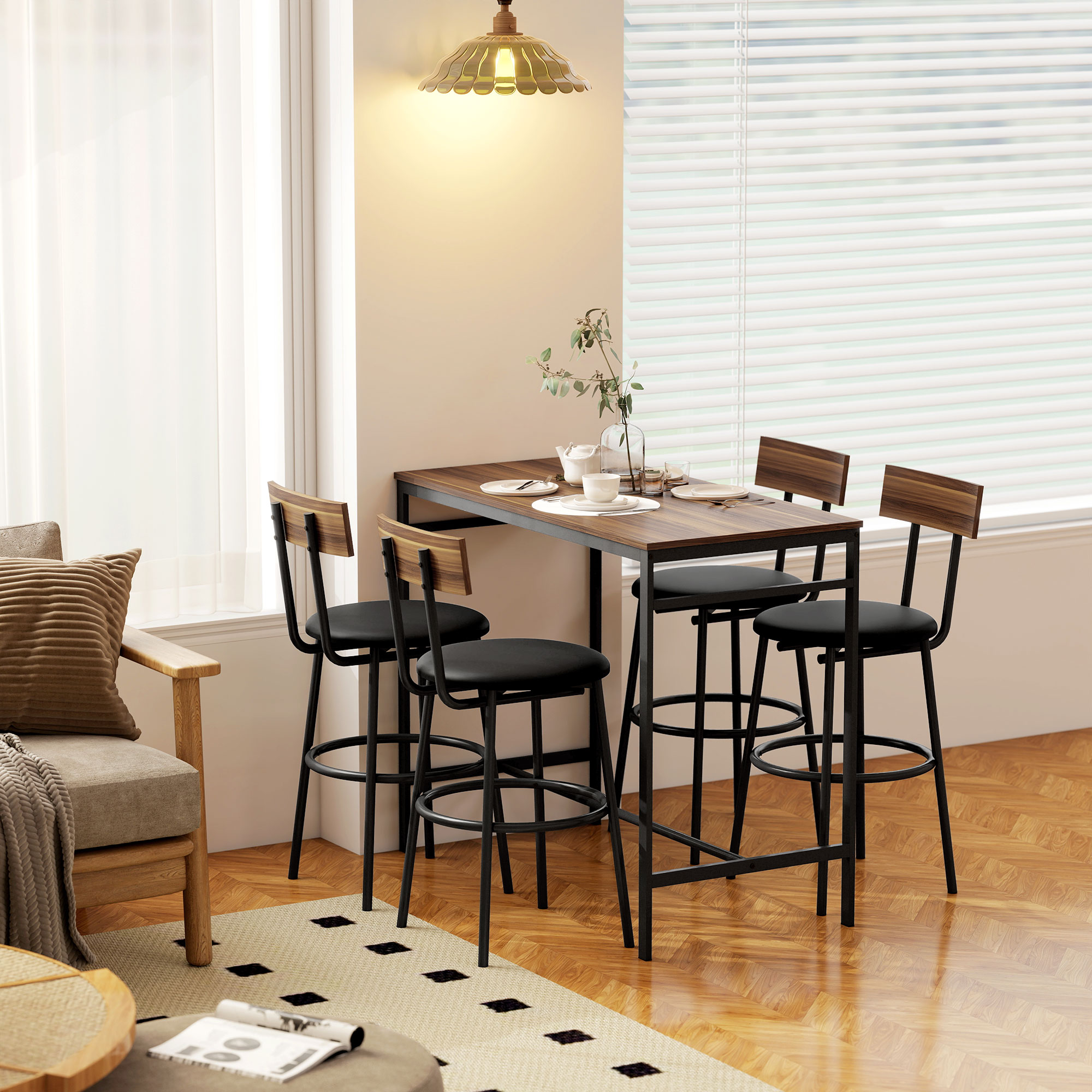 5-teiliges Bartisch-Set mit 4 Stühlen, Industrielles Design, für Küche, Esszimmer, Holz, Stahl, Braun