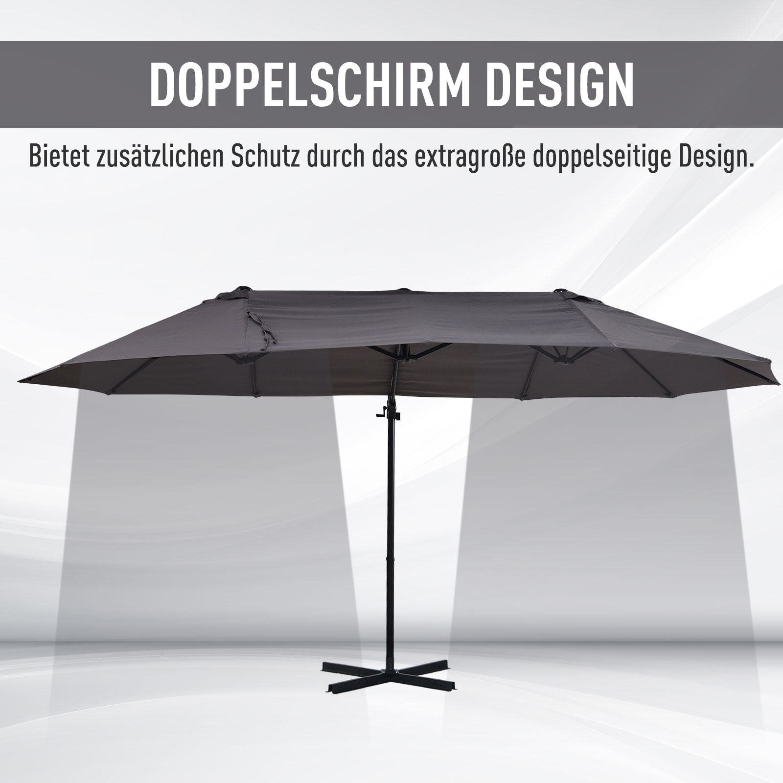 XXL-Sonnenschirm mit Kreuzständer inkl. Handkurbel wetterbeständig 270 cm x 440 cm x 250 cm Grau