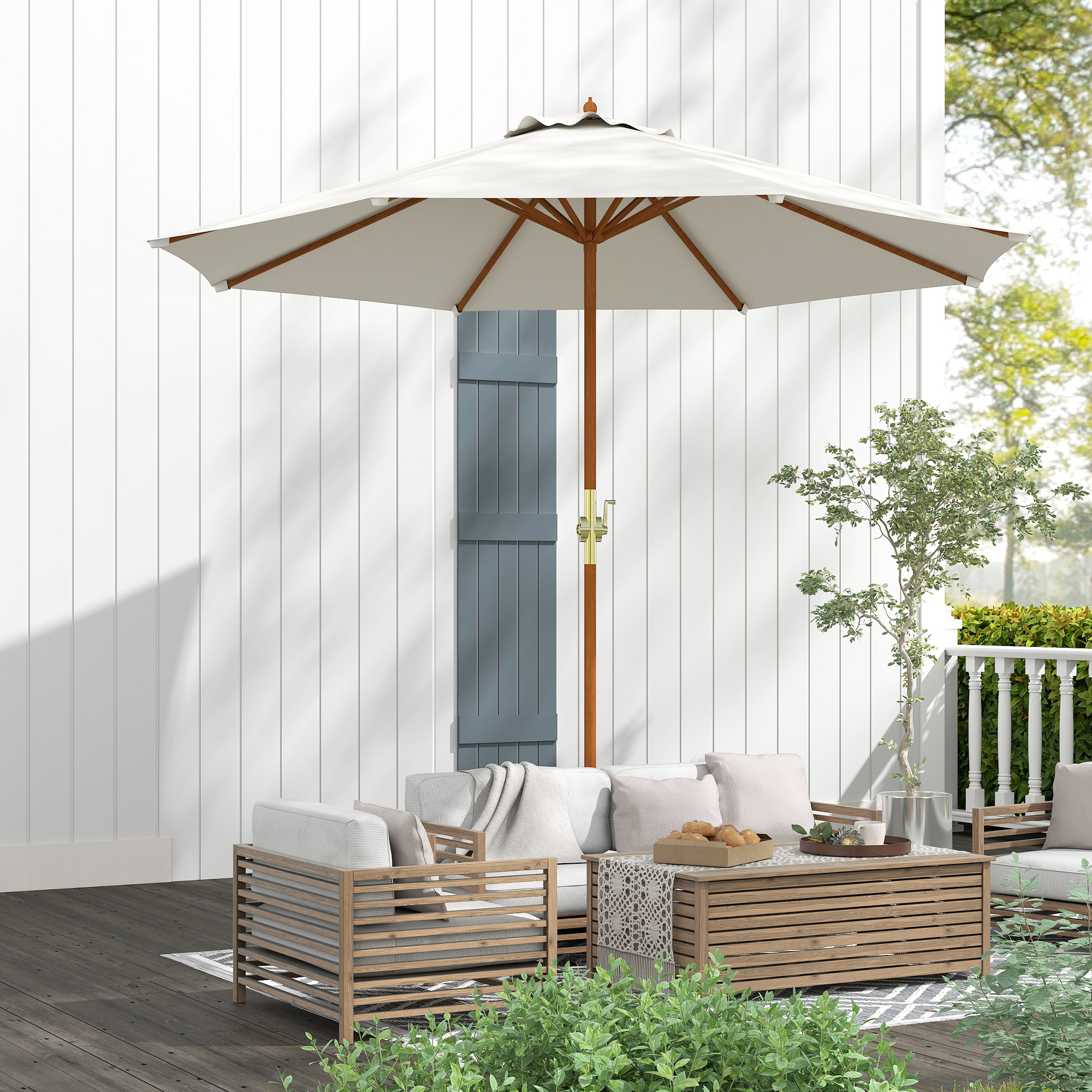 Holz Sonnenschirm Holzschirm Gartenschirm Balkonschirm 2,5m Creme