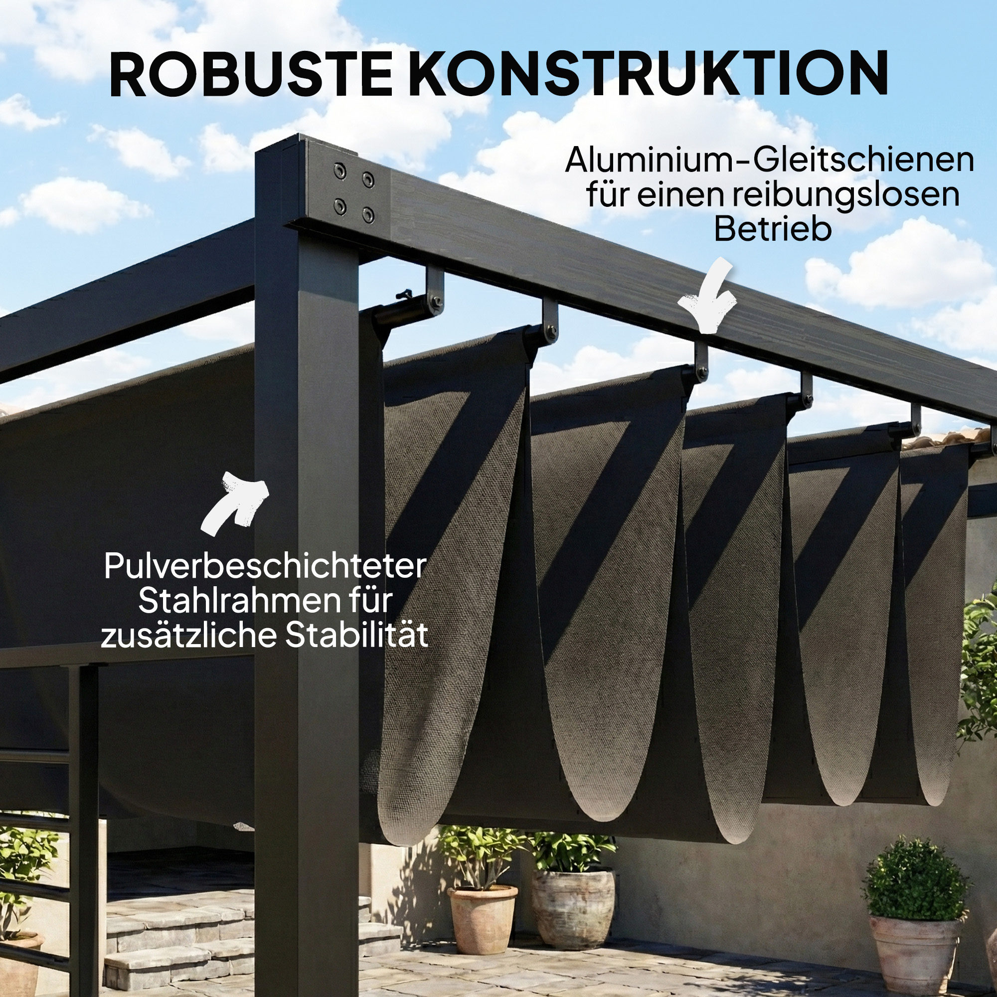 Pergola 3,87 x 2,97 m Terrassenüberdachung mit Schiebedach, 2 Sichtschutz, UV 50+ Dunkelgrau