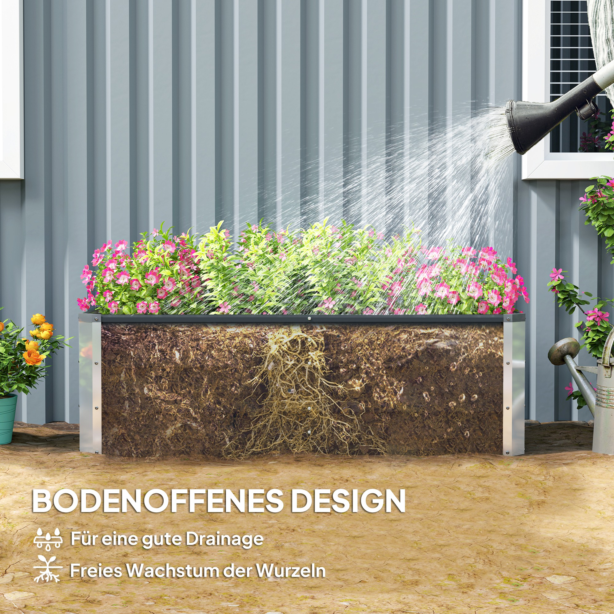 Hochbeet aus Stahl Gartenbeet Pflanzkasten Blumenkasten Blumenkübel mit Handschuhe Kohlegrau 125 x 47 x 40 cm