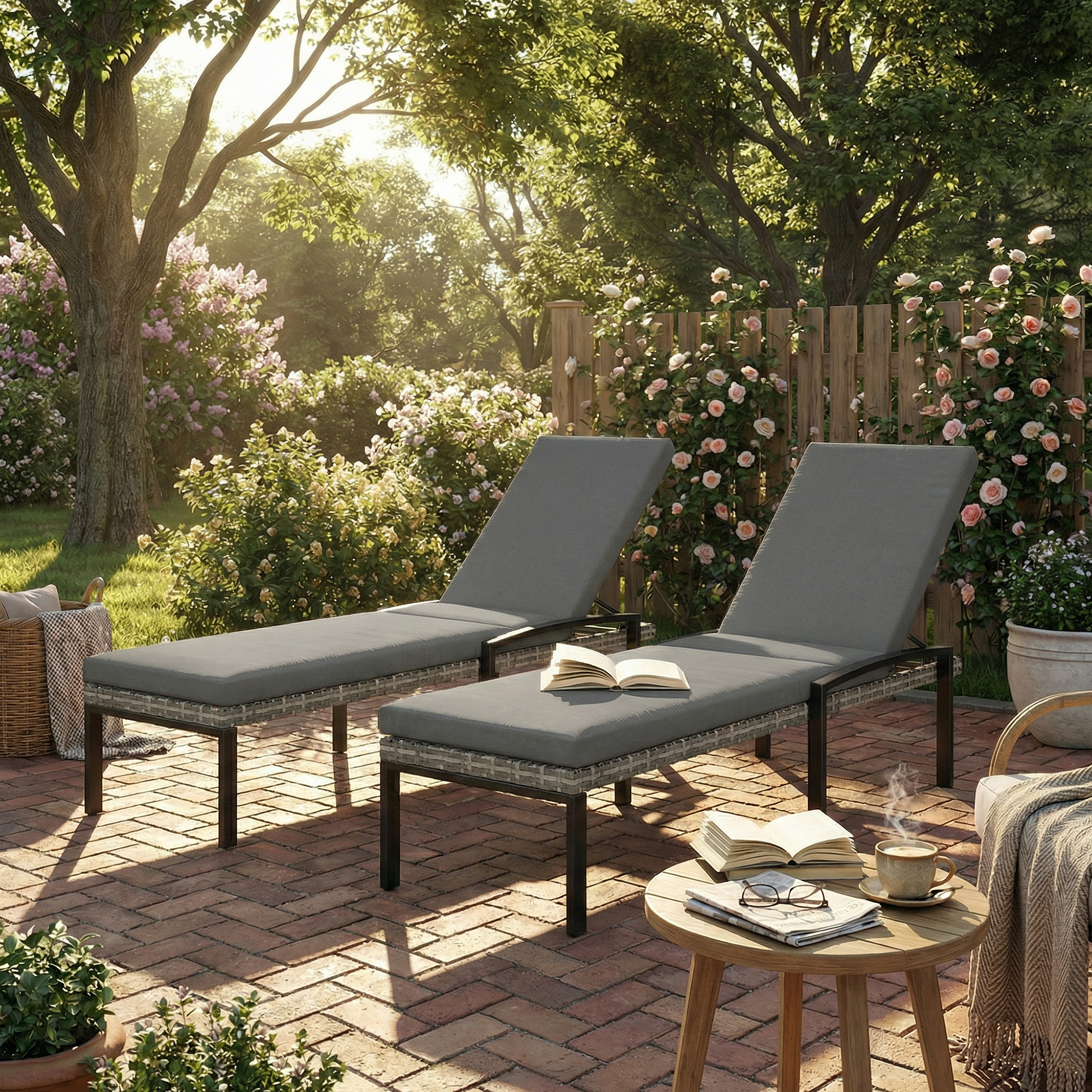 2er Set Sonnenliege Polyrattan Gartenliege mit 5-Fach verstellbar Rückenlehne Auflage bis 120kg Hellgrau