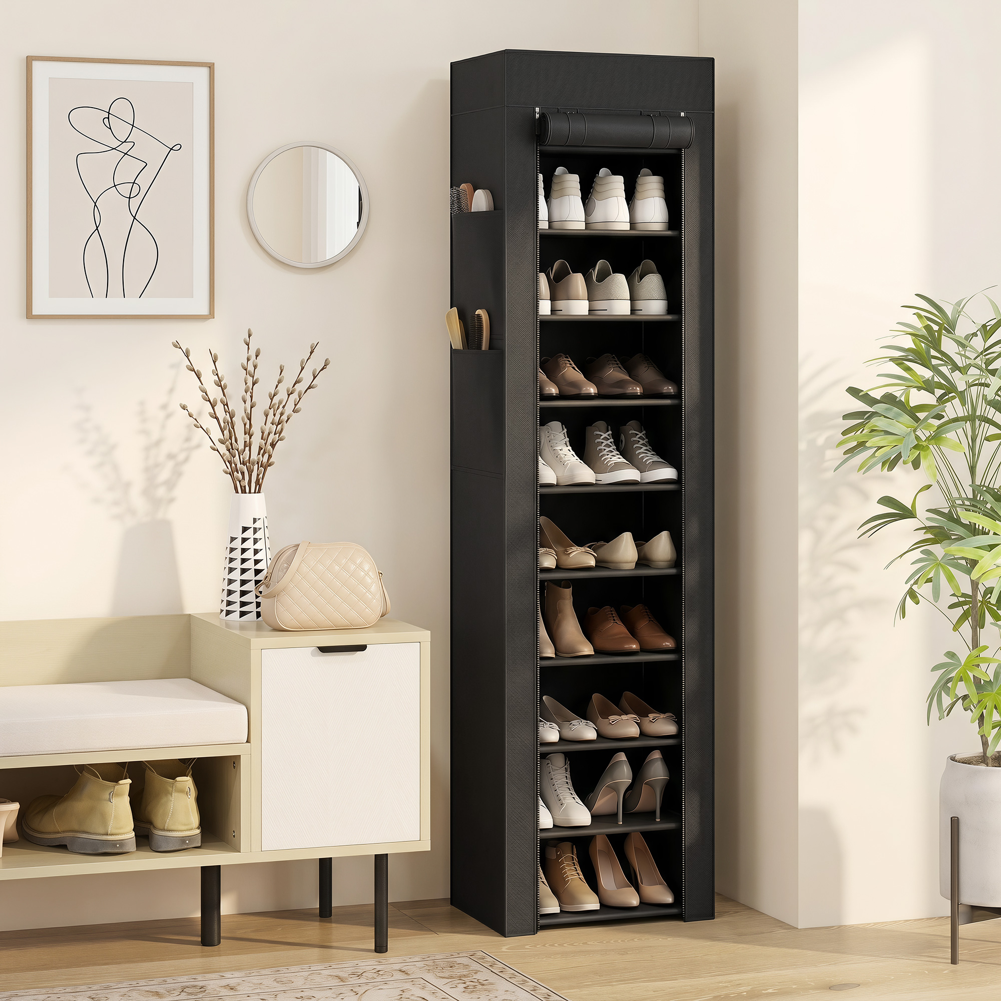 Schuhregal aus Metall mit staubdichtem Stoffbezug, für bis zu 20 Paar Schuhe, 45 x 30 x 175 cm, Schwarz
