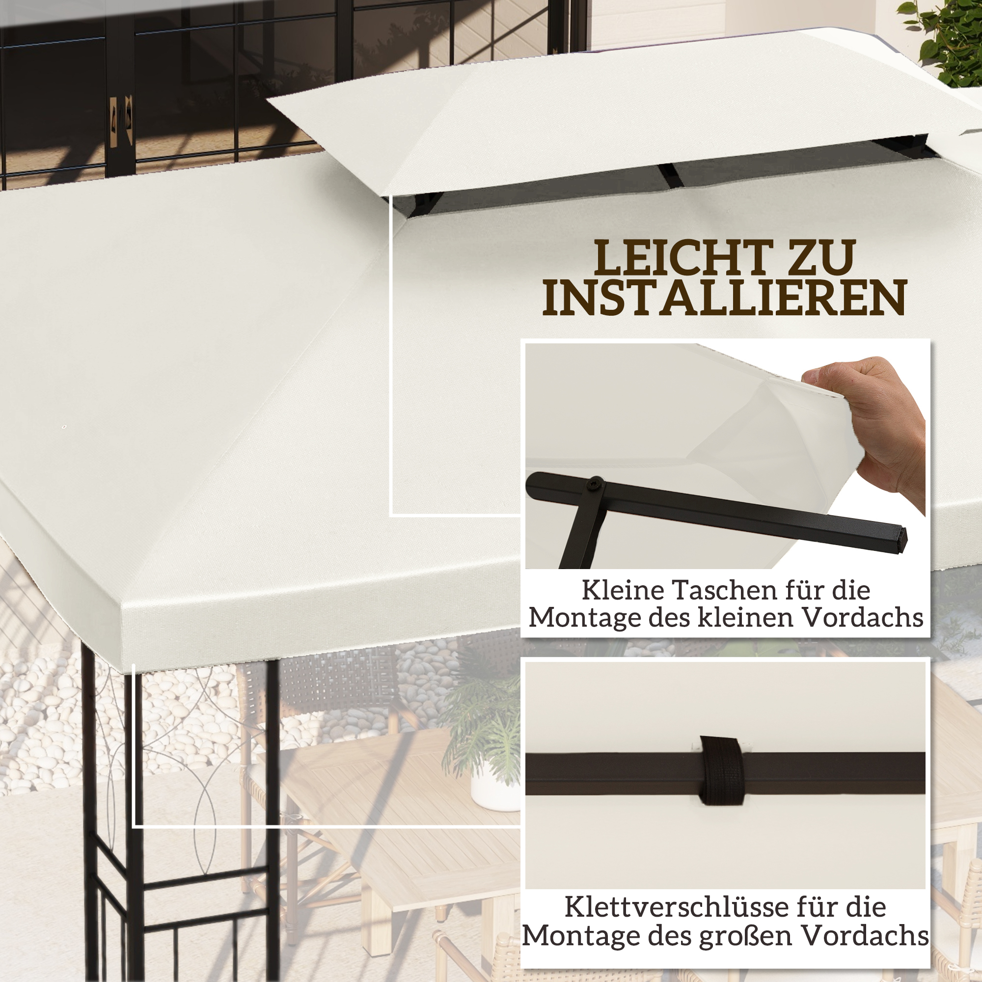 Ersatzdach für Metallpavillon 3x4m wasserabweisend Pavillondach mit Doppeldach, Ersatzbezug für Gartenpavillon Partyzelt Gartenzelt Polyester Cremeweiß