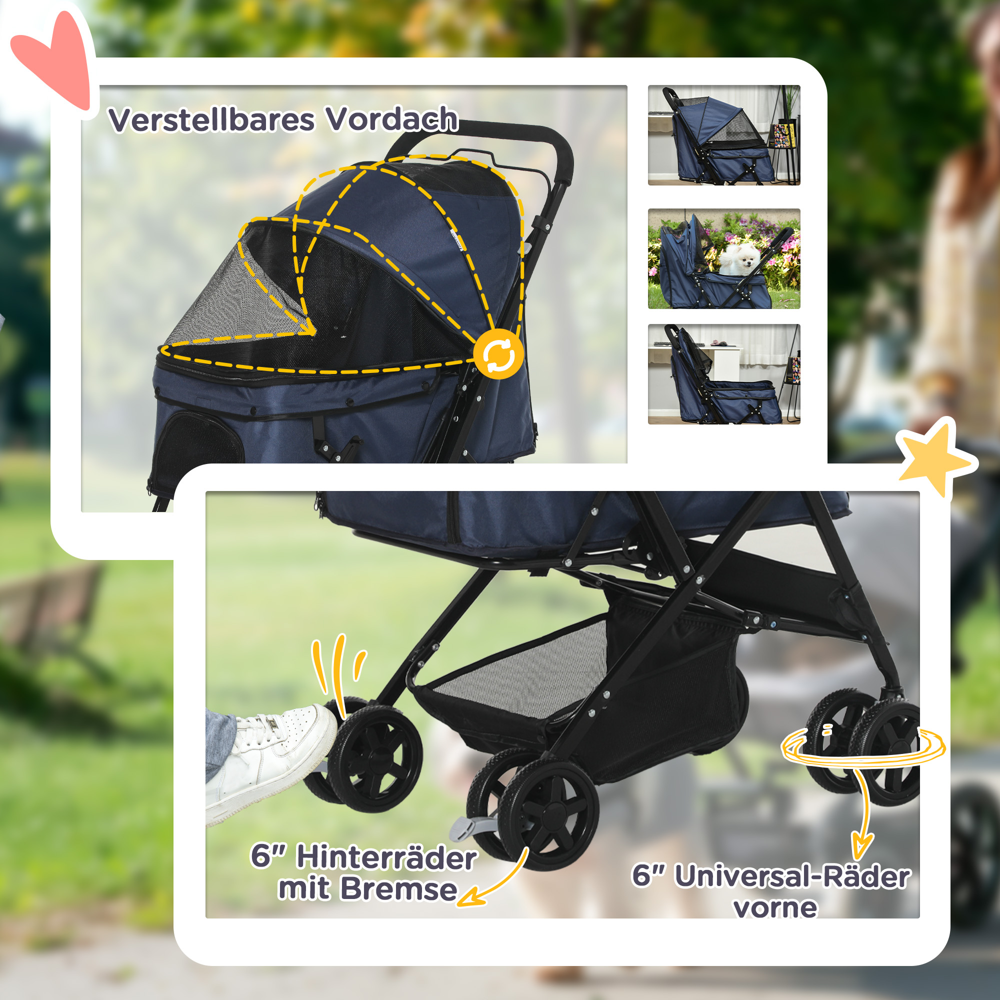 Hundewagen Hundebuggy bis 10kg verstellbares Vordach klappbar Bodenkorb 2 Bremsen Sicherheitsleine Blau