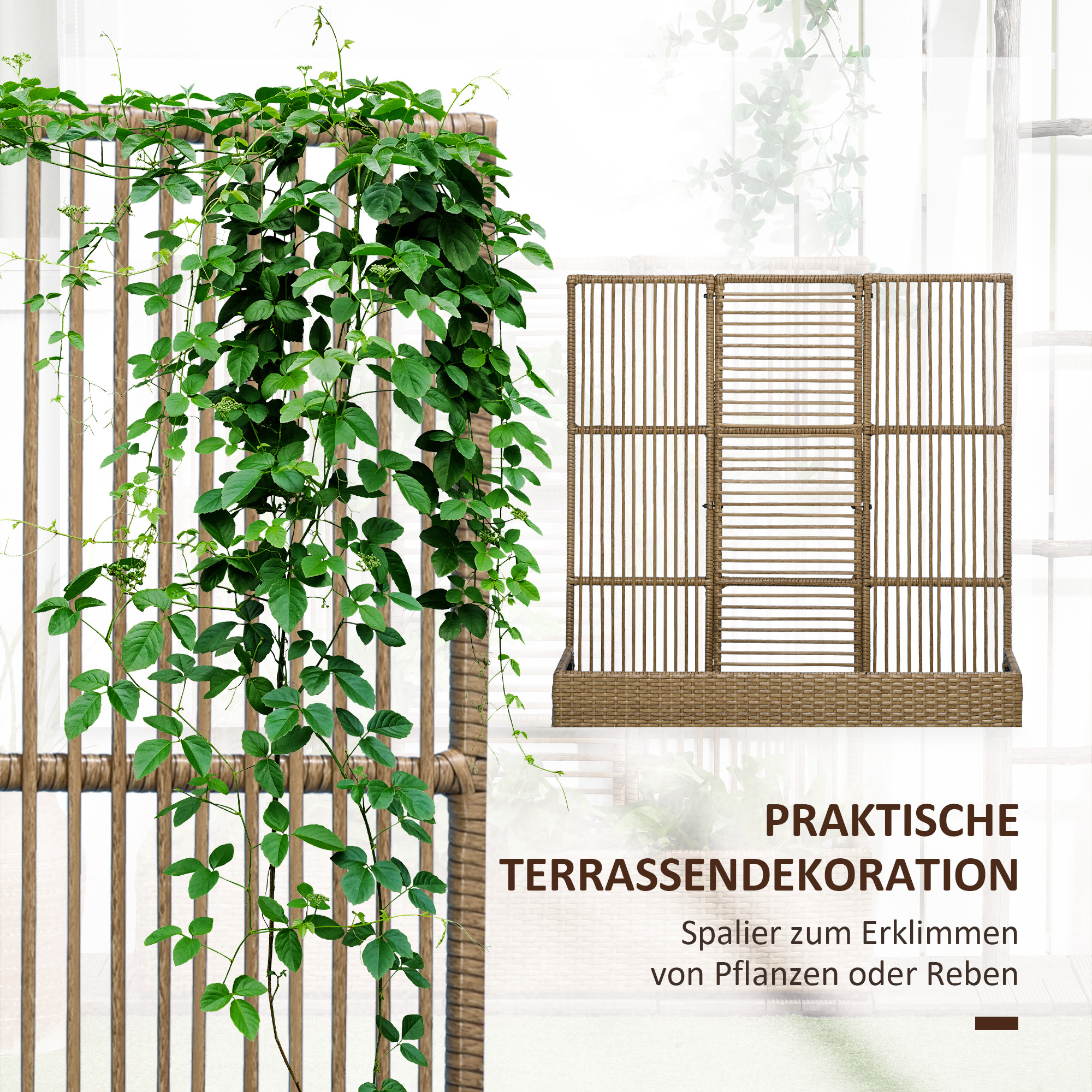 Blumenkasten mit Spalier, wetterfest, Polyrattan, 103 x 103 x 29 cm, Sandfarbe