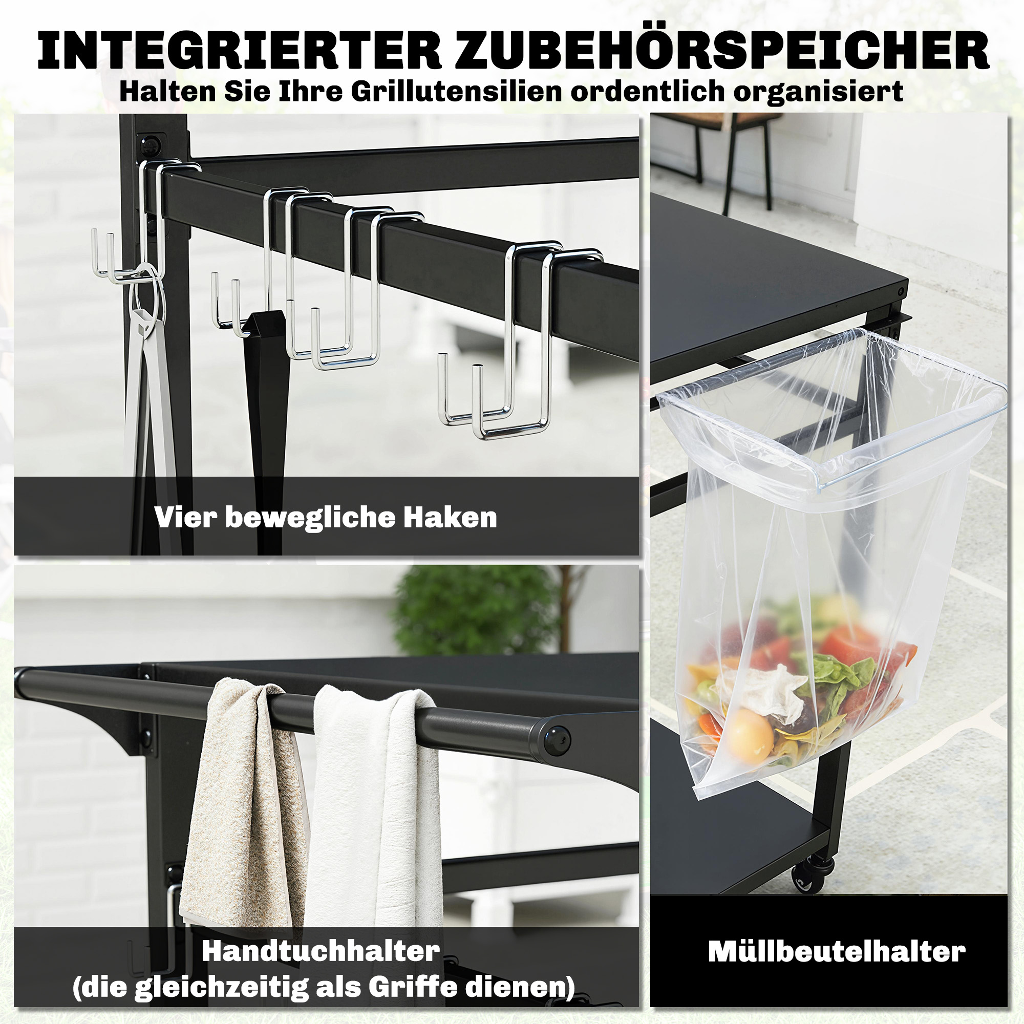 Küchenwagen mit Rollen, 2-stöckiger Servierwagen mit Müllbeutelhalter, Haken, Griffe, 113 x 50,5 x 88 cm Schwarz