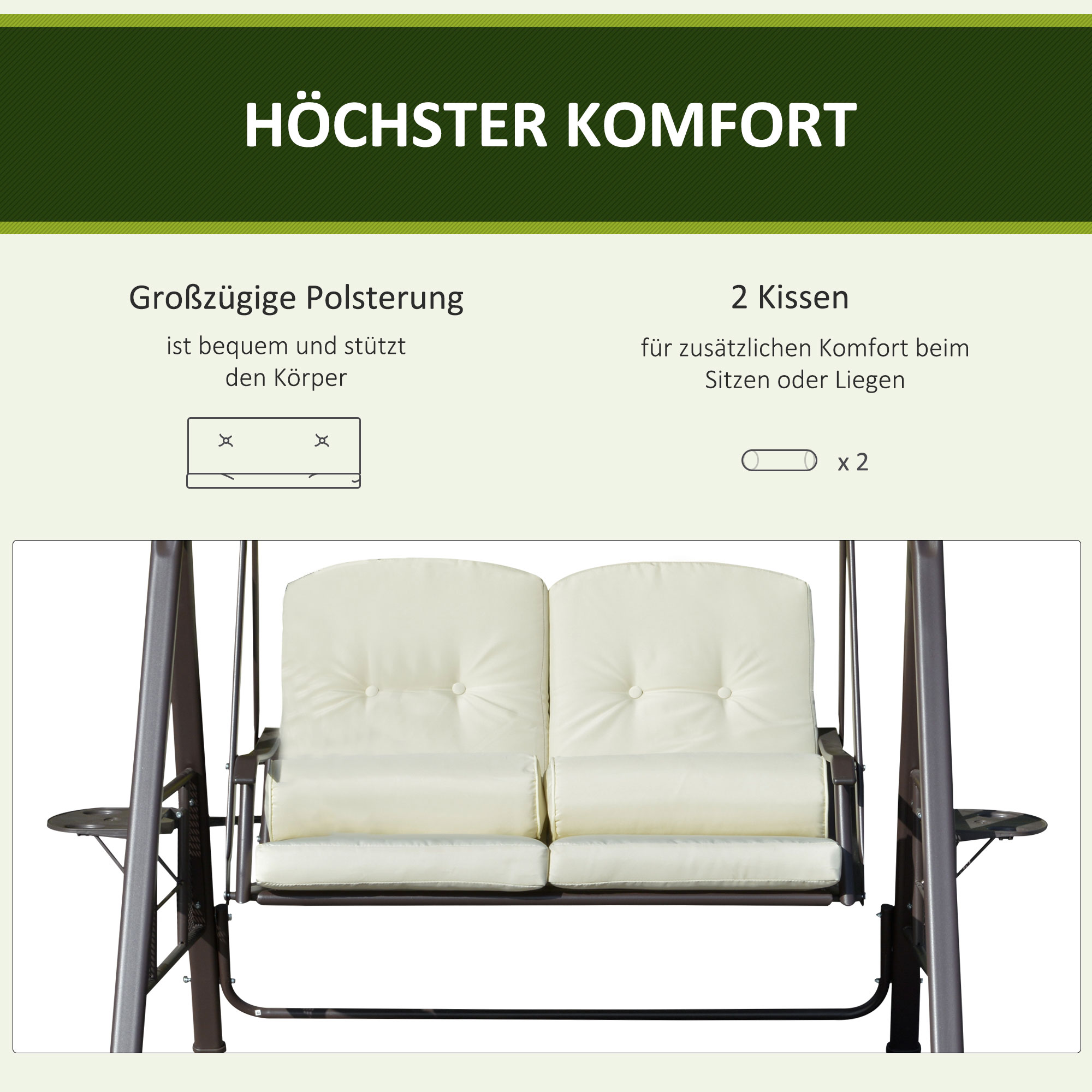 Hollywoodschaukel 2-Sitzer-Hollywoodschaukel Gartenschaukel, wetterbeständig, 2 Ablagen,  Weiß + Schwarz
