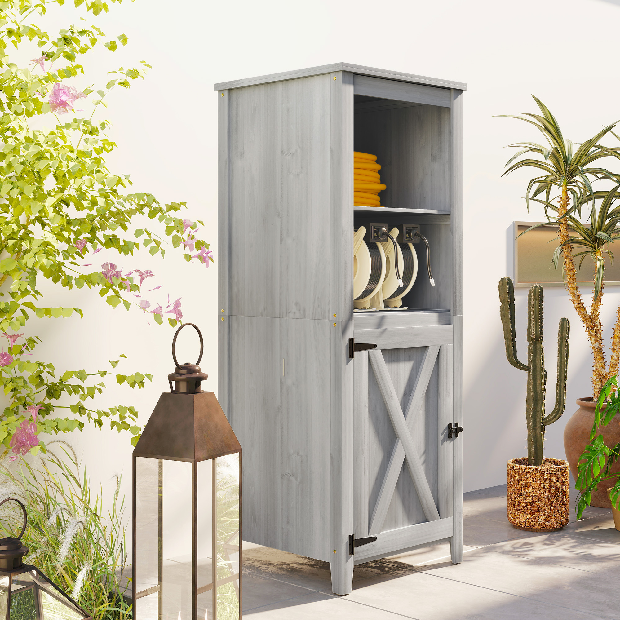 Gartenschuppen mit Scheunentür, verstellbare Regale, schlankes Design, Tannenholz, Hellgrau