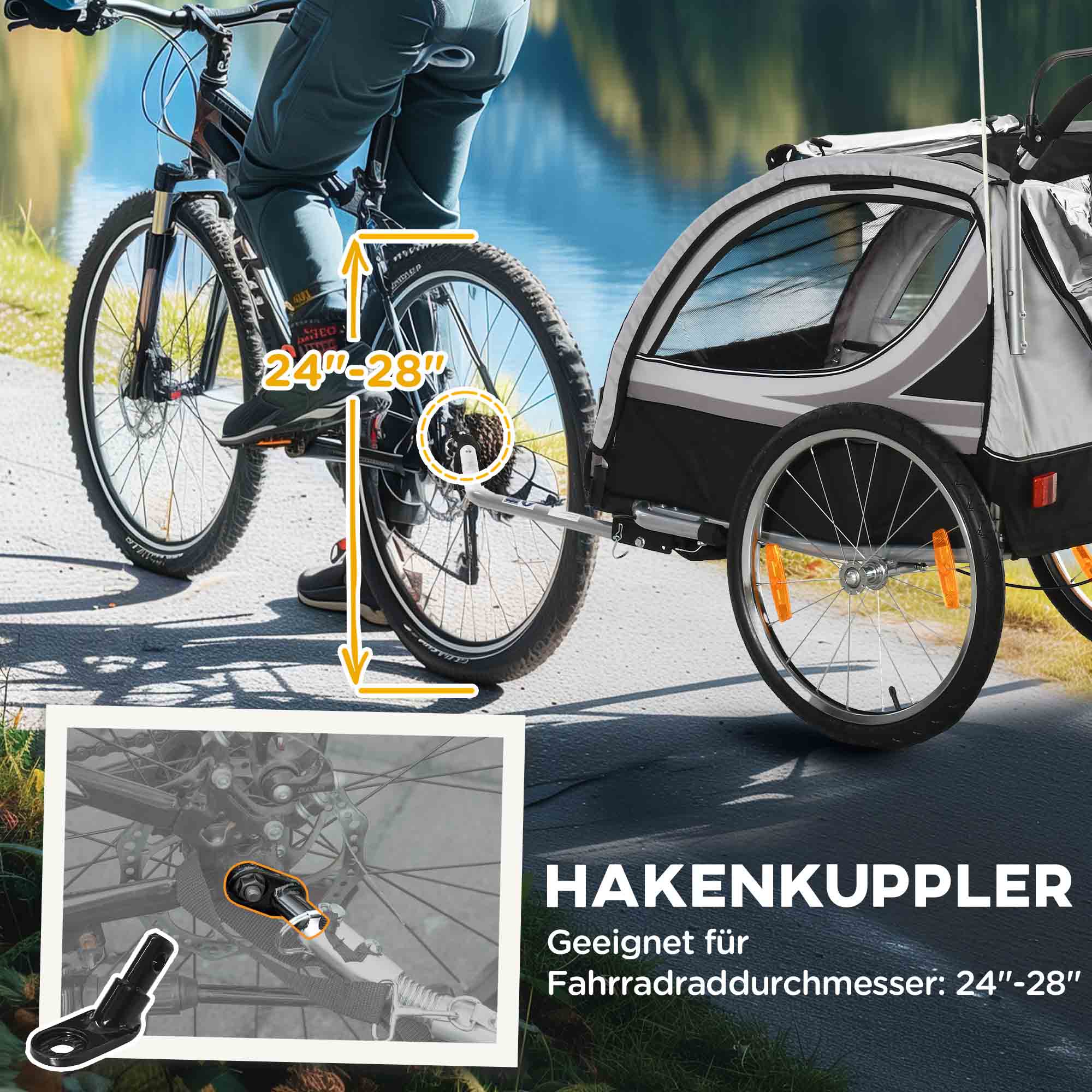 Kinderfahrradanhänger, Schiebewagen, mit Bremsen, klappbar, für 2 Kinder, Grau/Schwarz