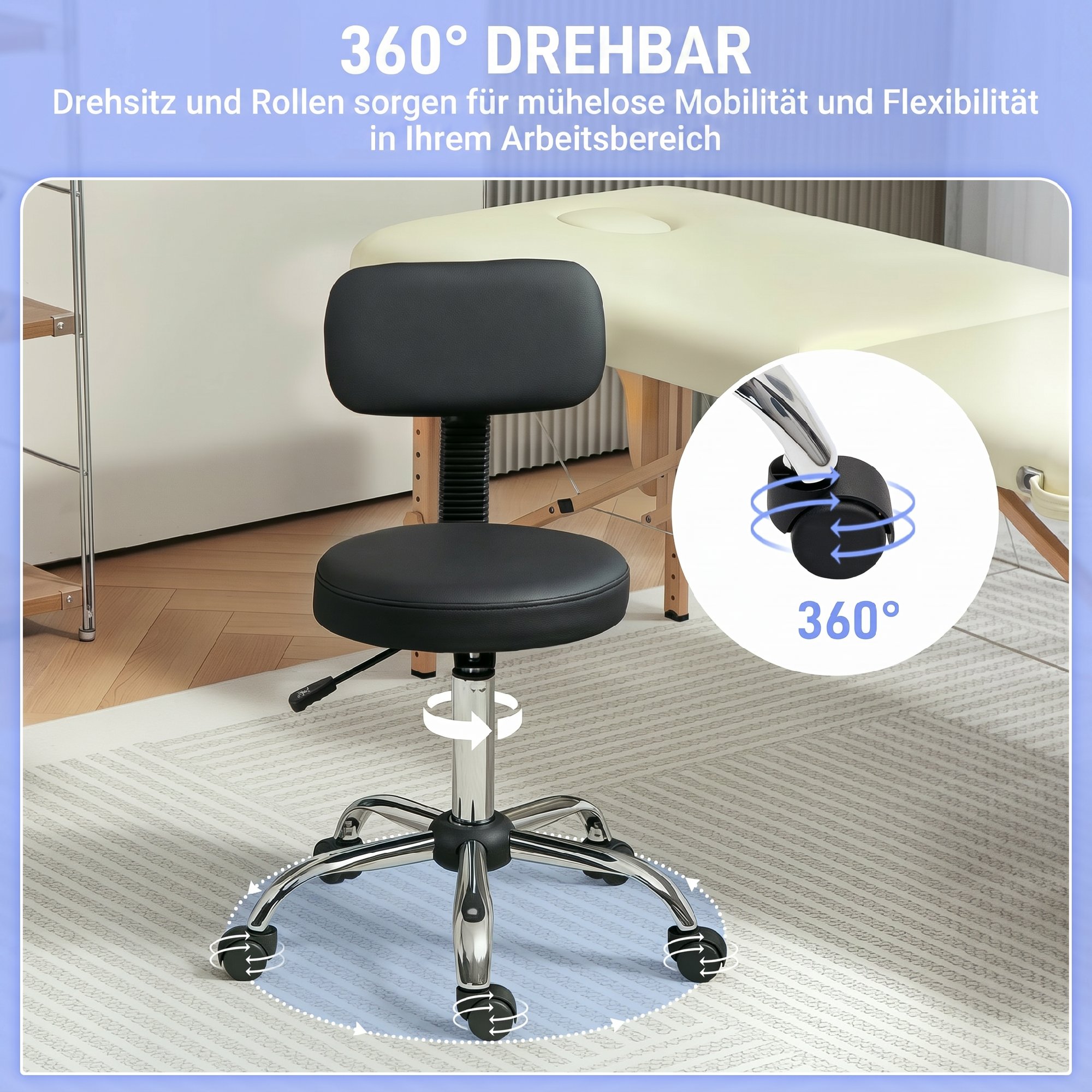 Rollhocker Höhenverstellbarer Drehhocker mit Lehne, Drehbarer Arbeitshocker Kunstleder Schwarz 46 x 51 x 78-93 cm