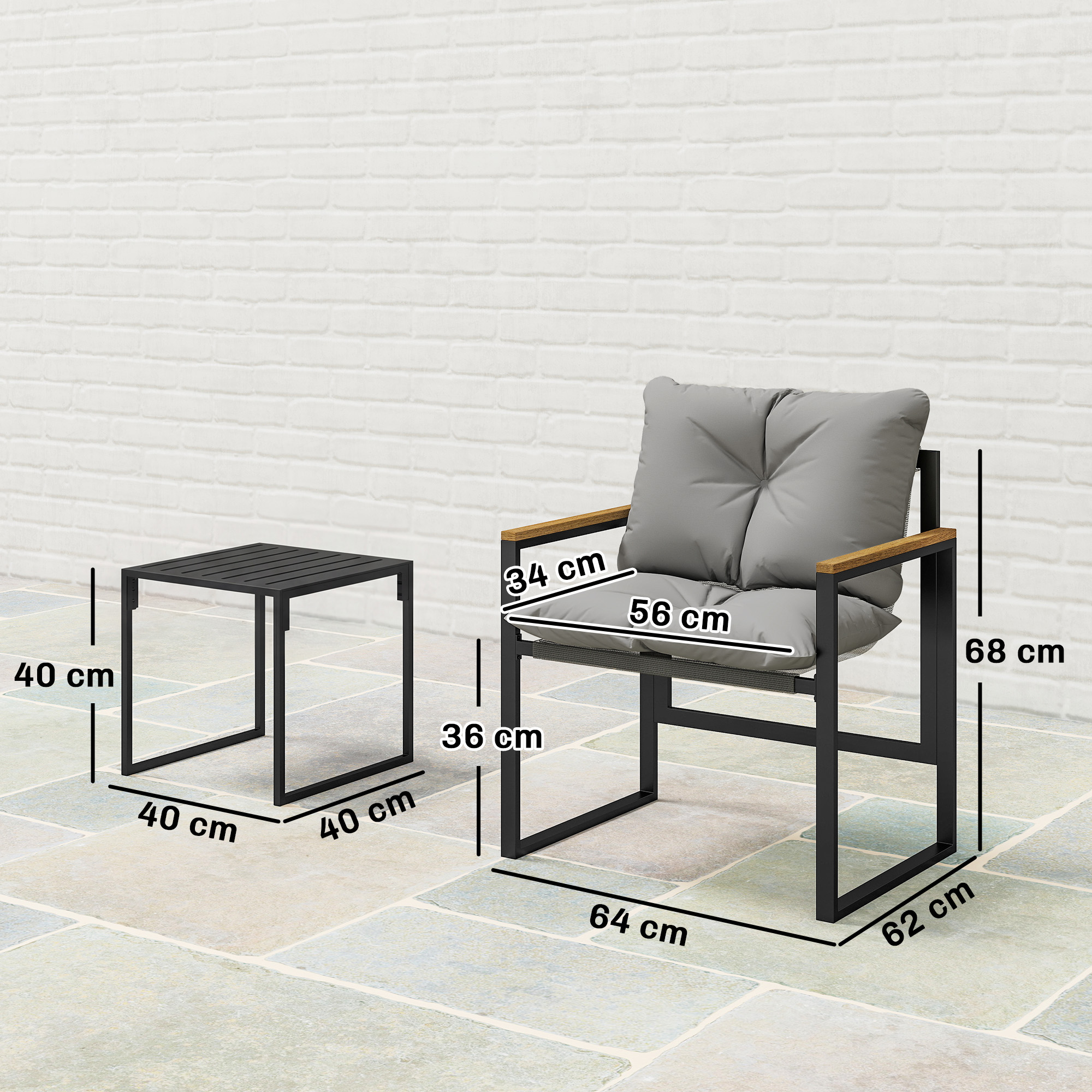 Bistro-Set für 2 Personen, 3-teiliges Garten-Bistro-Set mit Metallrahmen und dicken Polstern