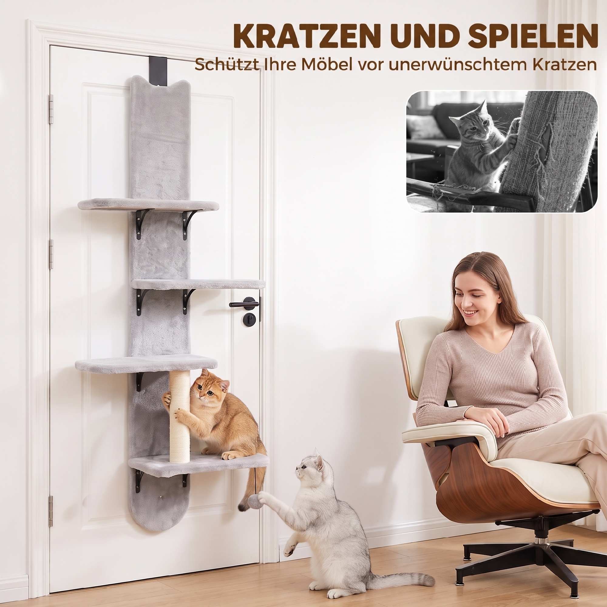 Katzenkletterwand für die Tür Wandkratzbaum mit Sisal-Kratzstamm in Hellgrau