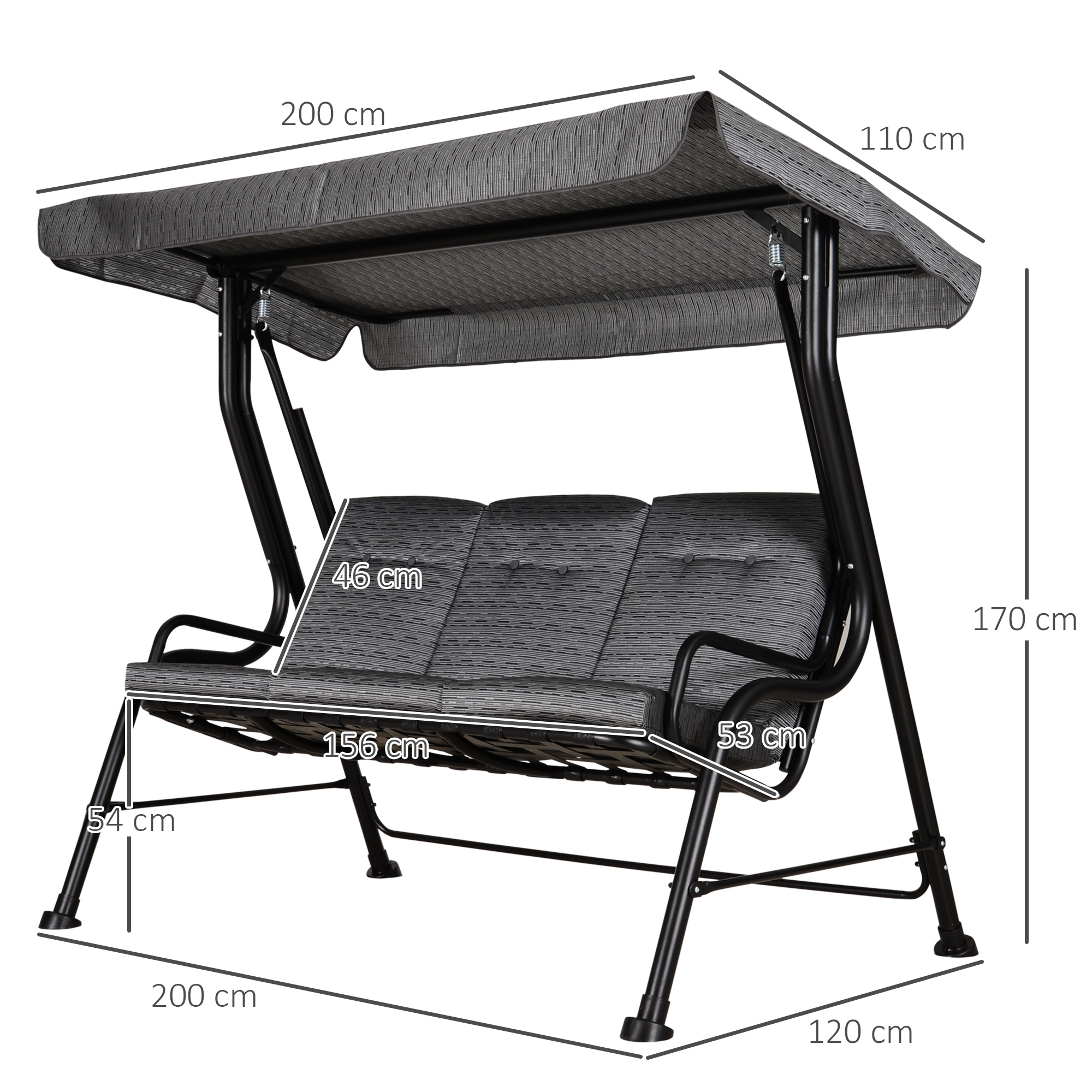 Hollywoodschaukel, 3-Sitzer Gartenschaukel, Verstellbares Sonnendach, Texteline Grau 200 x 120 x 170 cm