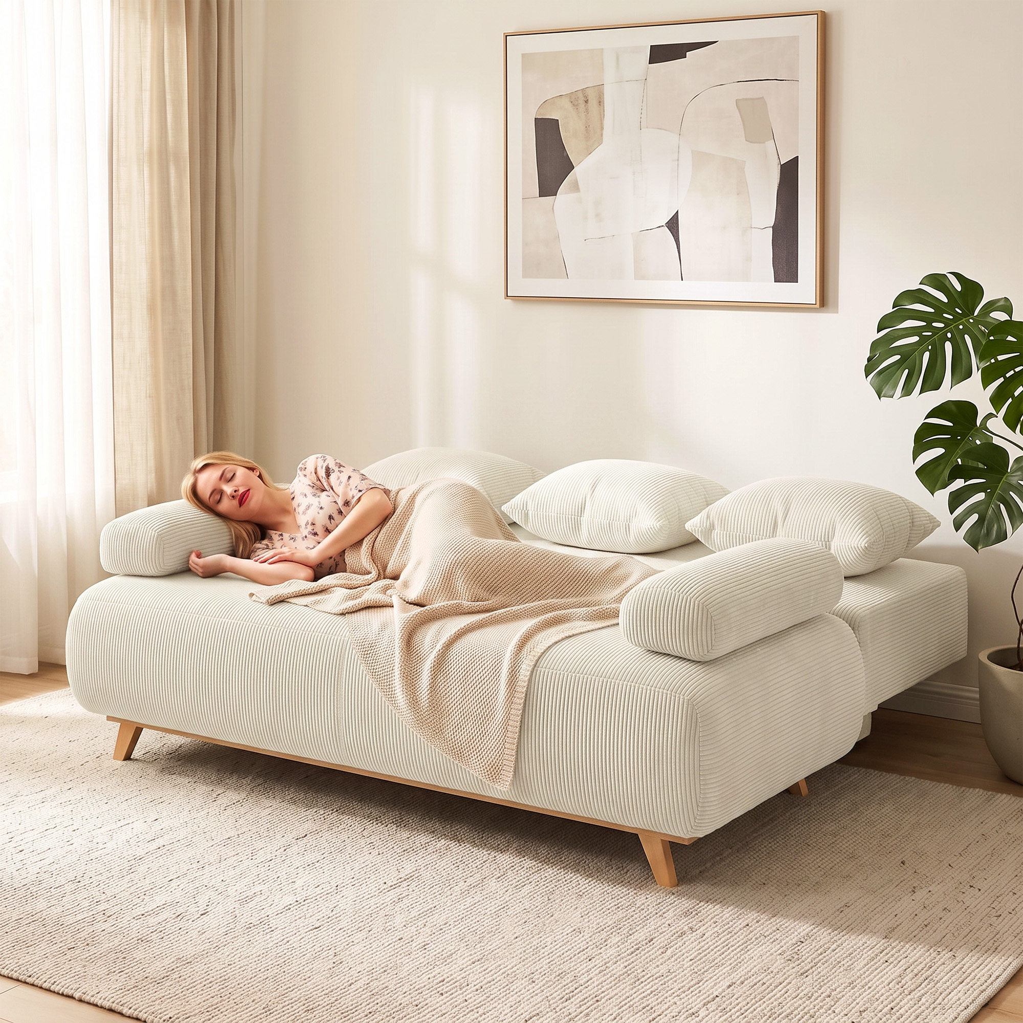 Schlafsofa mit verstellbarer Rückenlehne, Bettfunktion, verstecktem Stauraum und Cordbezug, Beige