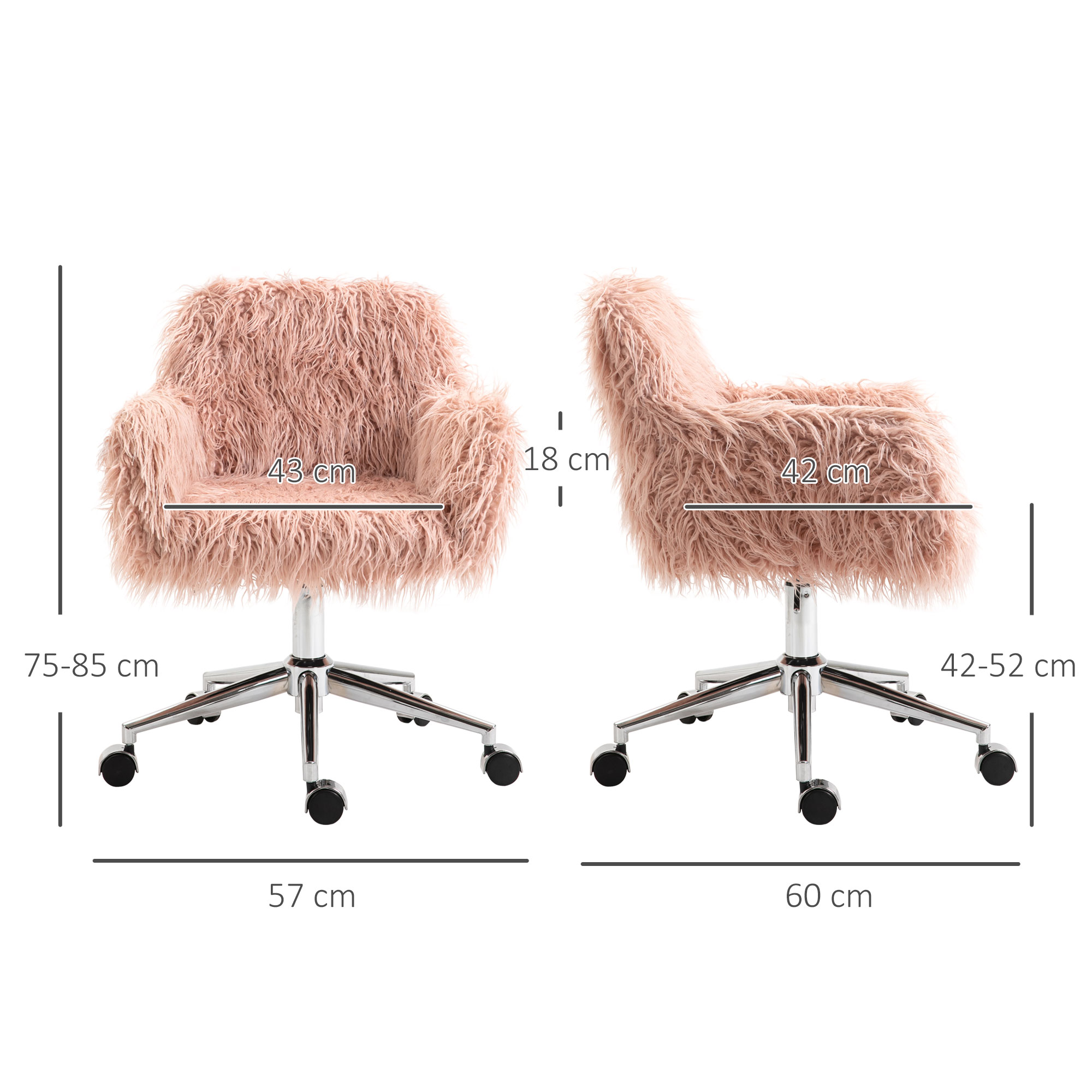 Chefsessel Drehstuhl Computerstuhl Schminkstuhl mit Kunstfell Sitzhöhenverstellung für Mädchen Kunstpelz Schaumstoff Rosa+Silber 57 x 60 x 75-85 cm