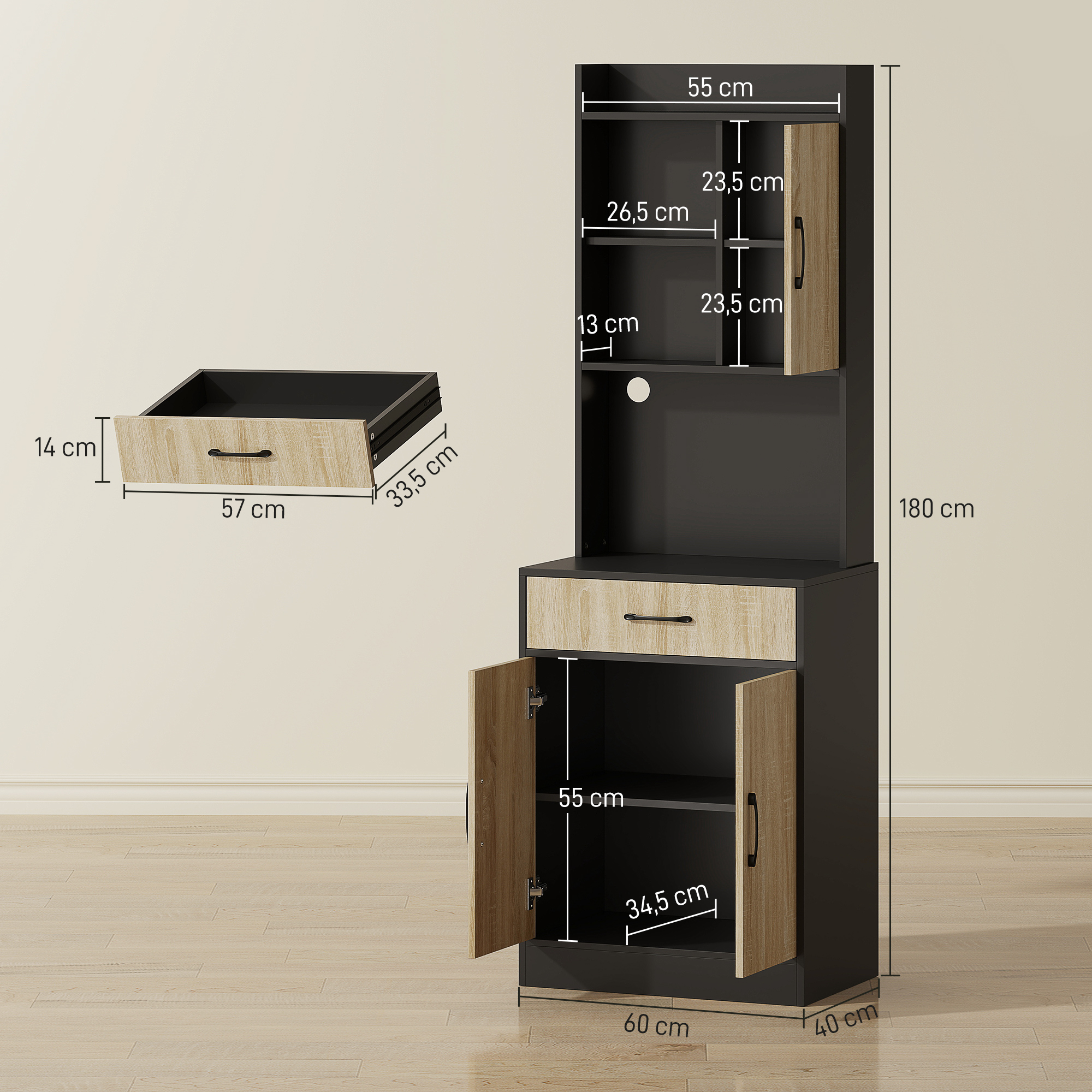 Küchenschrank mit Arbeitsfläche und Kabelloch, moderne Küchenkommode mit Schublade, 3 offene Regale, Naturholz, Schwarz