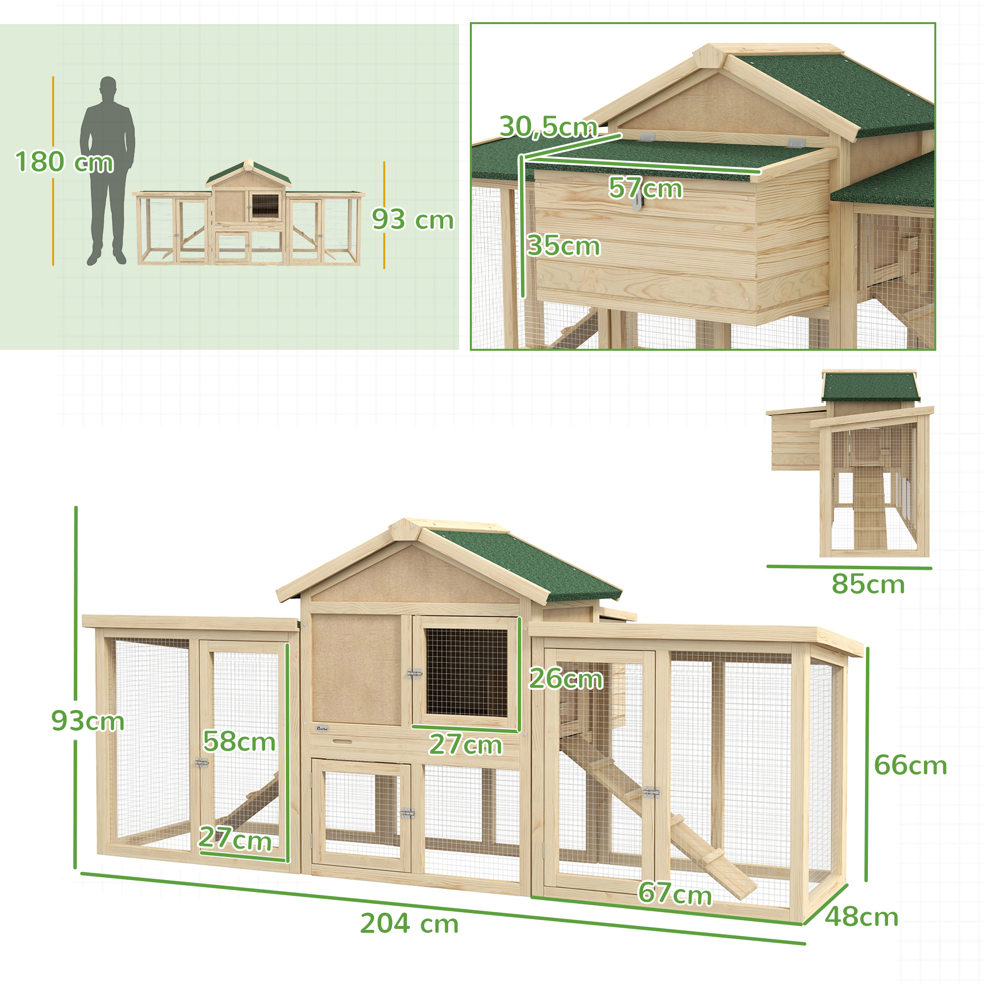 Hühnerstall mit Freigehege, inkl. Nistkasten, Rampe und Bodenwanne Tannenholz Naturholz