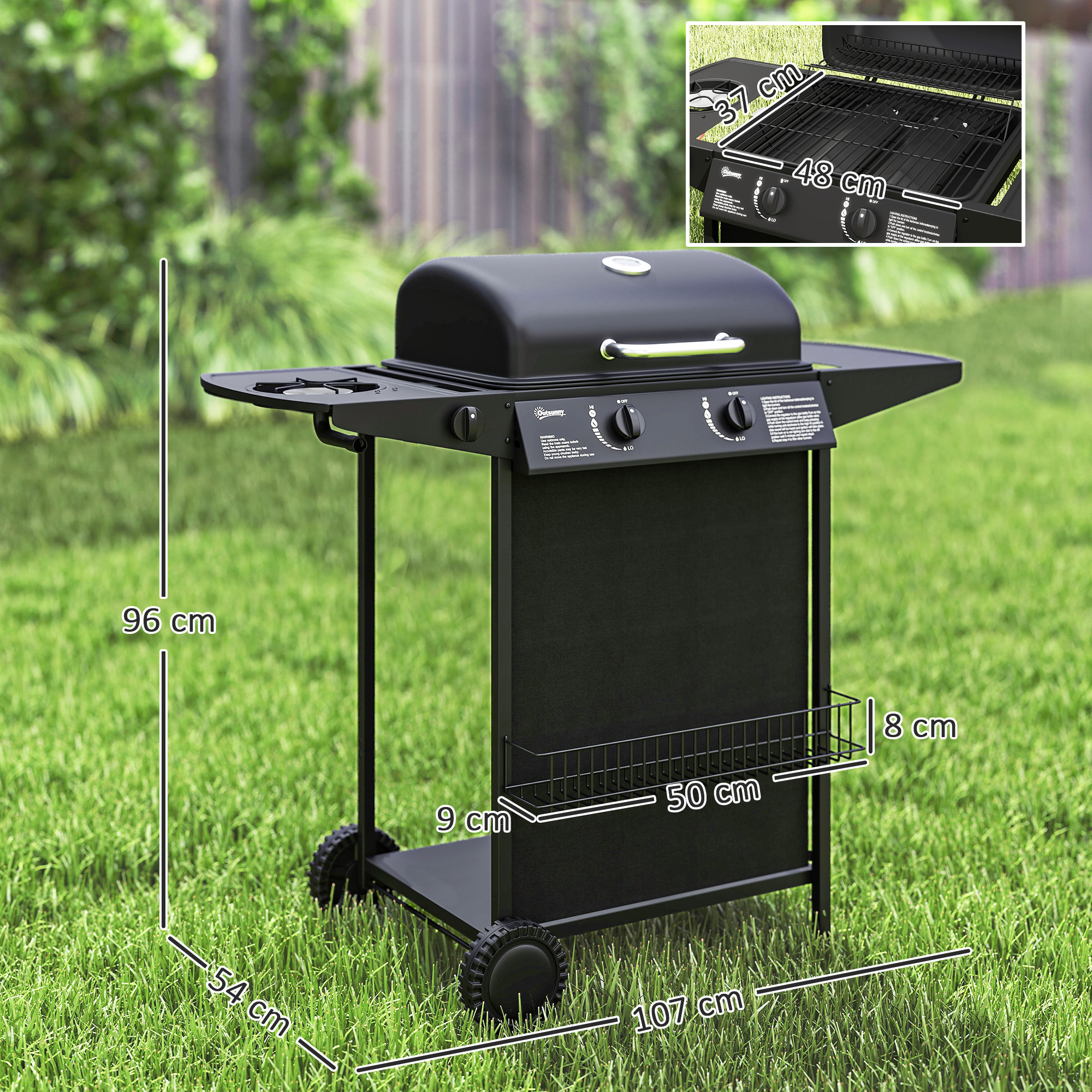 Gasgrill 7 KW Grillwagen inkl 3 Brenner Seitenkocher Rolle Deckel 107 x 54 x 96 cm Schwarz
