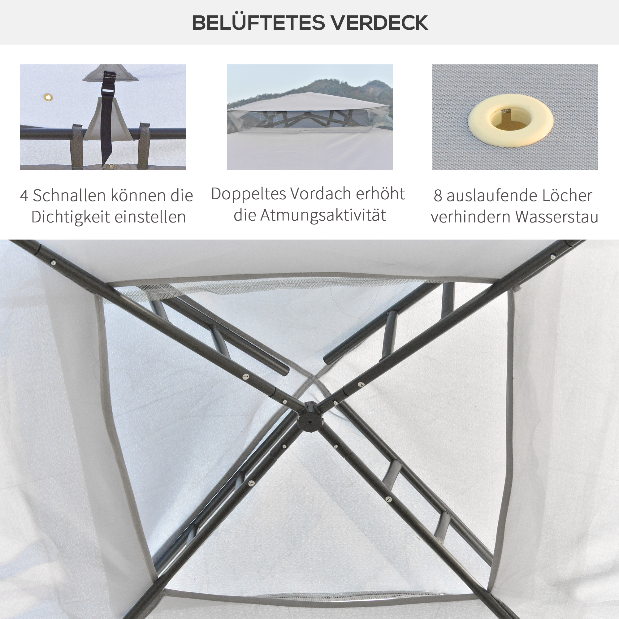 Pavillon mit Doppeldach, 3x2 m Wasserdicht Stabil Winterfest Gartenpavillon mit Moskitonetz, Seitenteile, Garten-Pavillon aus Metall, für Garten, Terrasse, Hellgrau