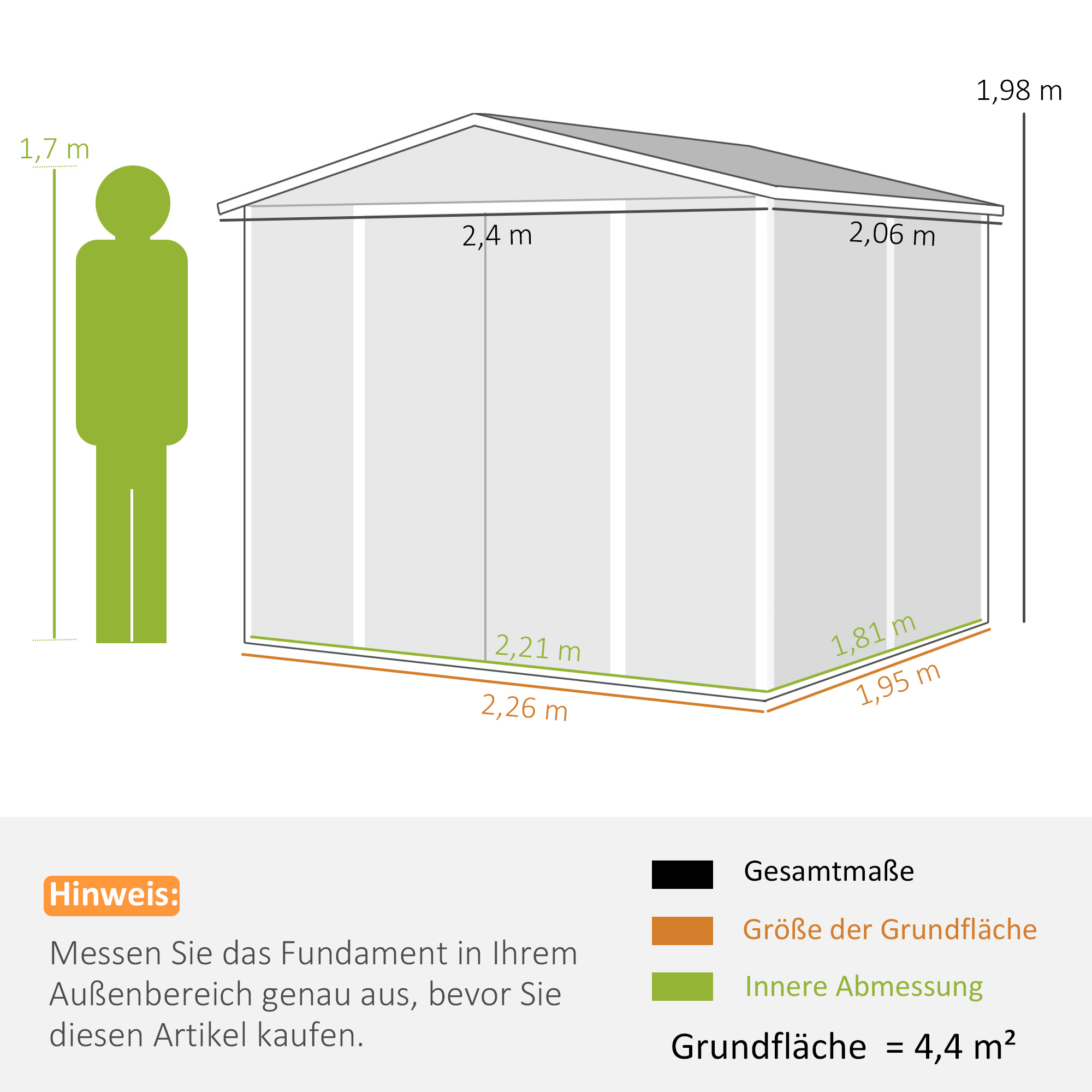Geräteschuppen aus Metall, wetterfest & rostfrei, abschließbar,  2,40 x 2,06 x 1,98 m, Hellgrau