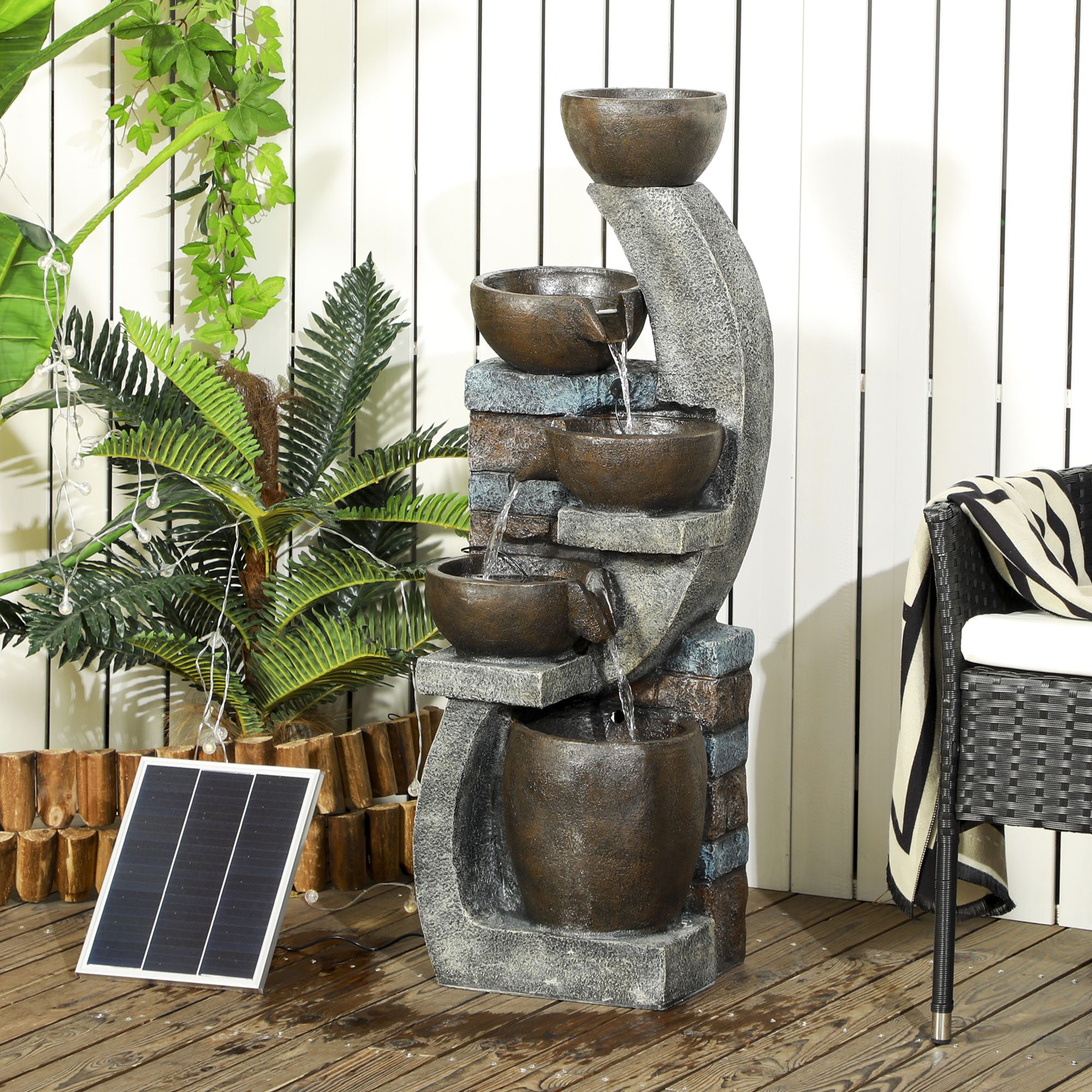 Gartenbrunnen, Backsteinoptik, 5-stufig, Solarbetrieb, LEDs, 107cm, Kunstharz, Grau/Braun