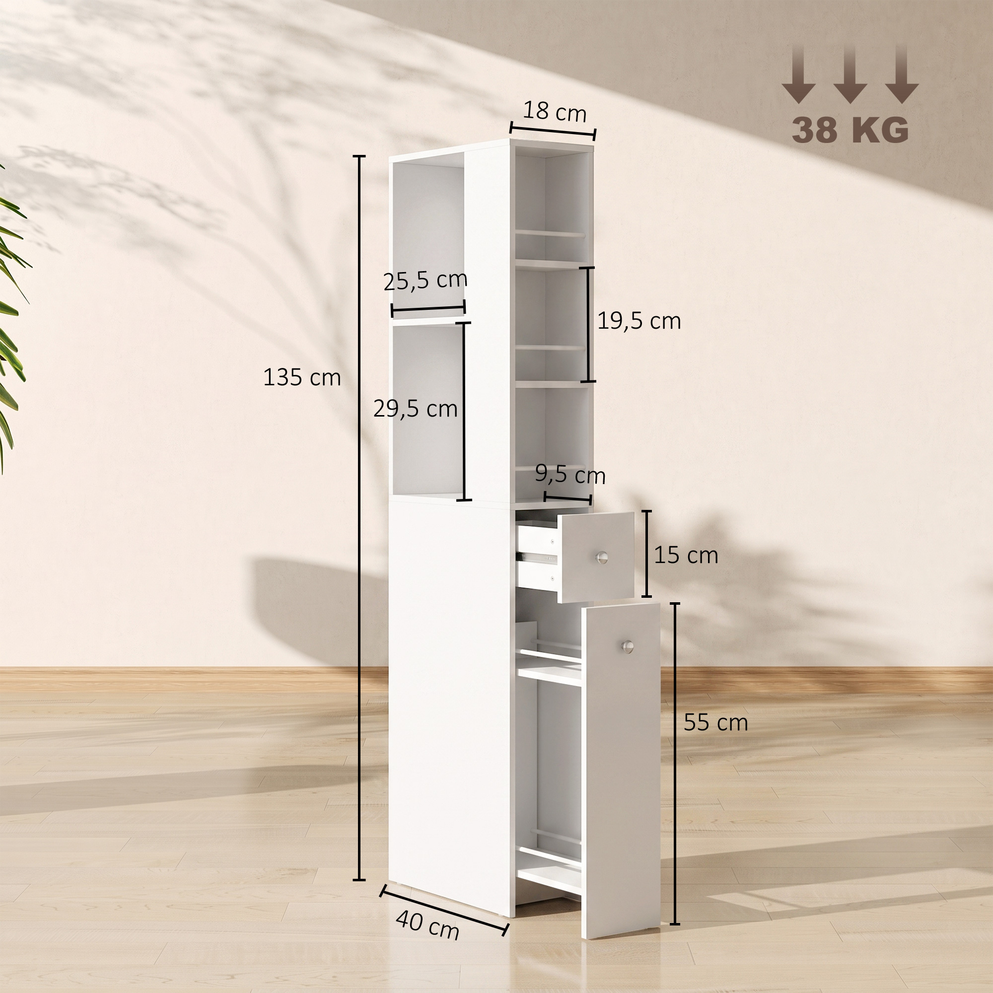 Schmaler hoher Badezimmerschrank, 135 cm Badschrank mit 2 Schubladen, weiß