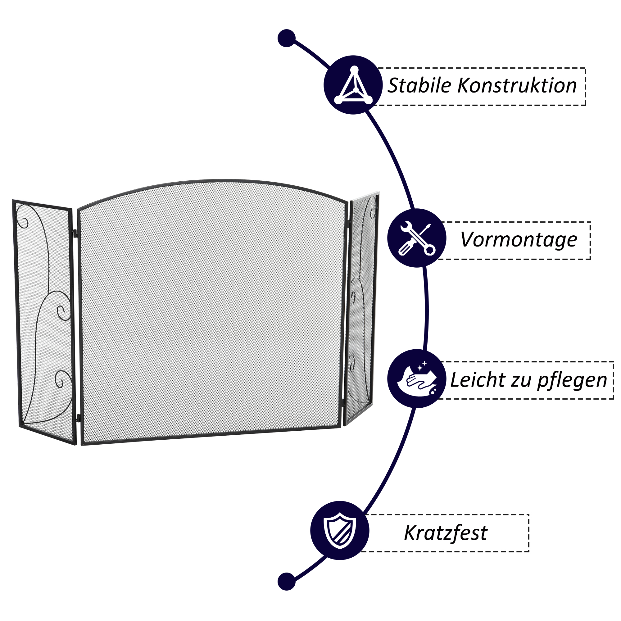 Funkenschutz für Kamine, 3 Paneele, klappbar, flexibel, Metall, schwarz, 132,5 x 76,5cm