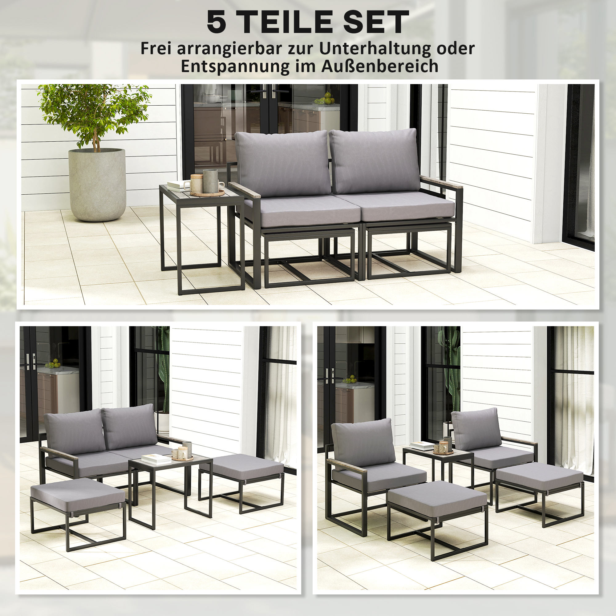Stahl Gartenmöbel Set 2 Personen wetterfest Balkonmöbel-Set mit 2 Sessel Sitzkissen Beistelltisch Grau