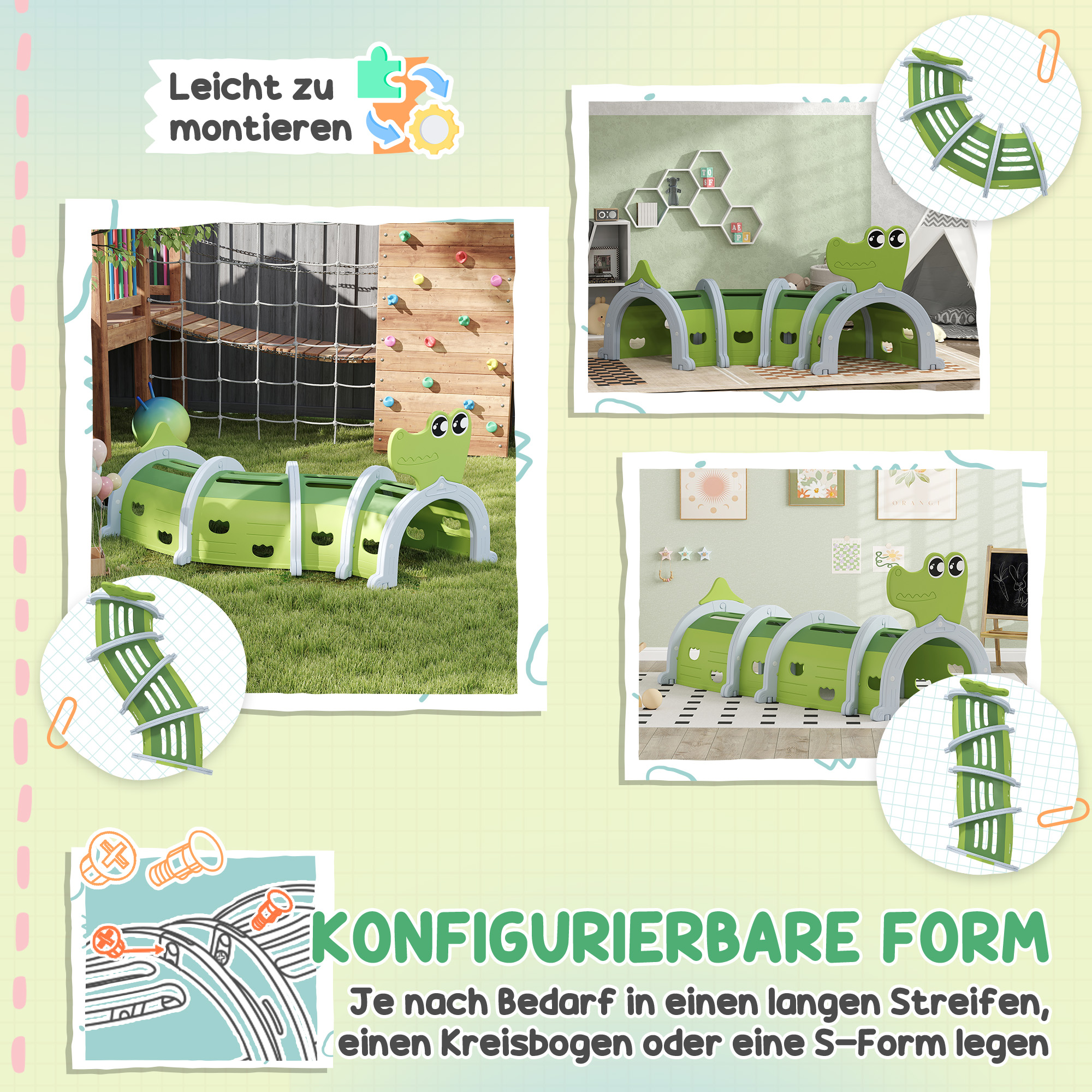 Krokodil Spieltunnel, flexible Form, robust, für Kinder 3-6 Jahre, 194 x 88 x 92 cm, Grün