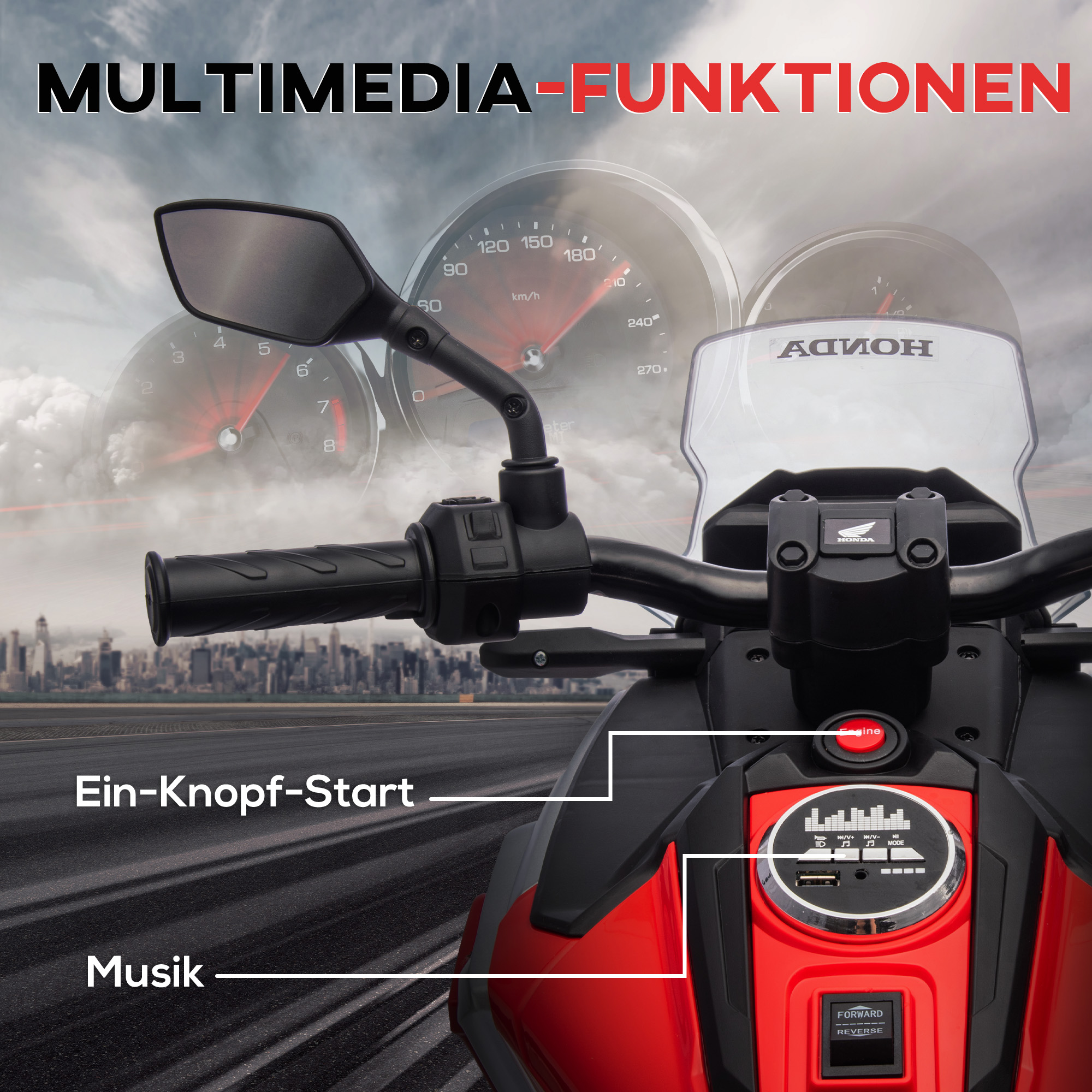 Elektro-Kindermotorrad, Honda, 3 km/h, Musik & Licht, 3-6 Jahre, bis 30 kg, Rot