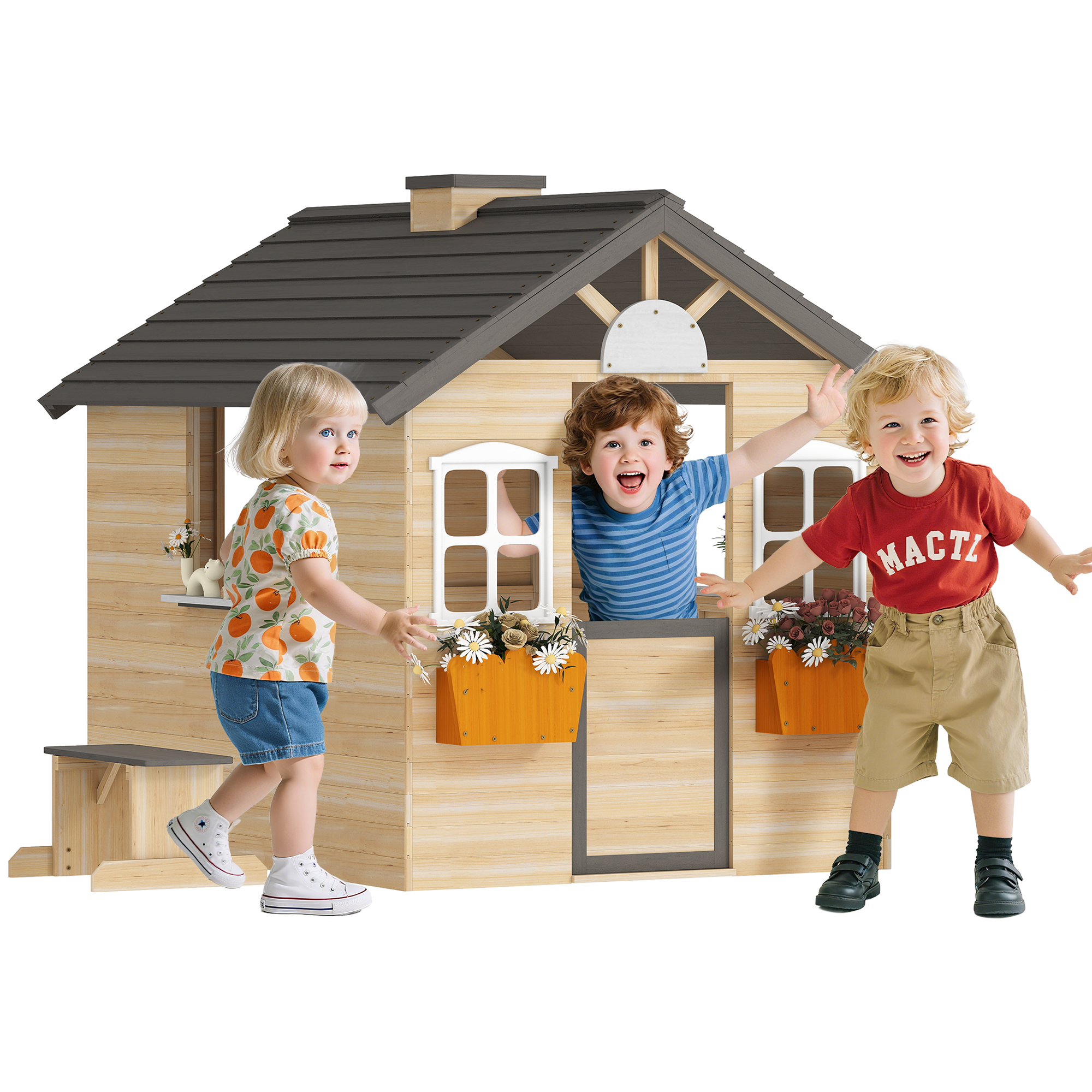 Spielhaus Kinderspielhaus aus Holz mit Tür Fenster Briefkasten Blumentopfrack Gartenhaus für Jungen und Mädchen 3-7 Jahre Kinderspielzeug für Outdoor & Indoor Natur