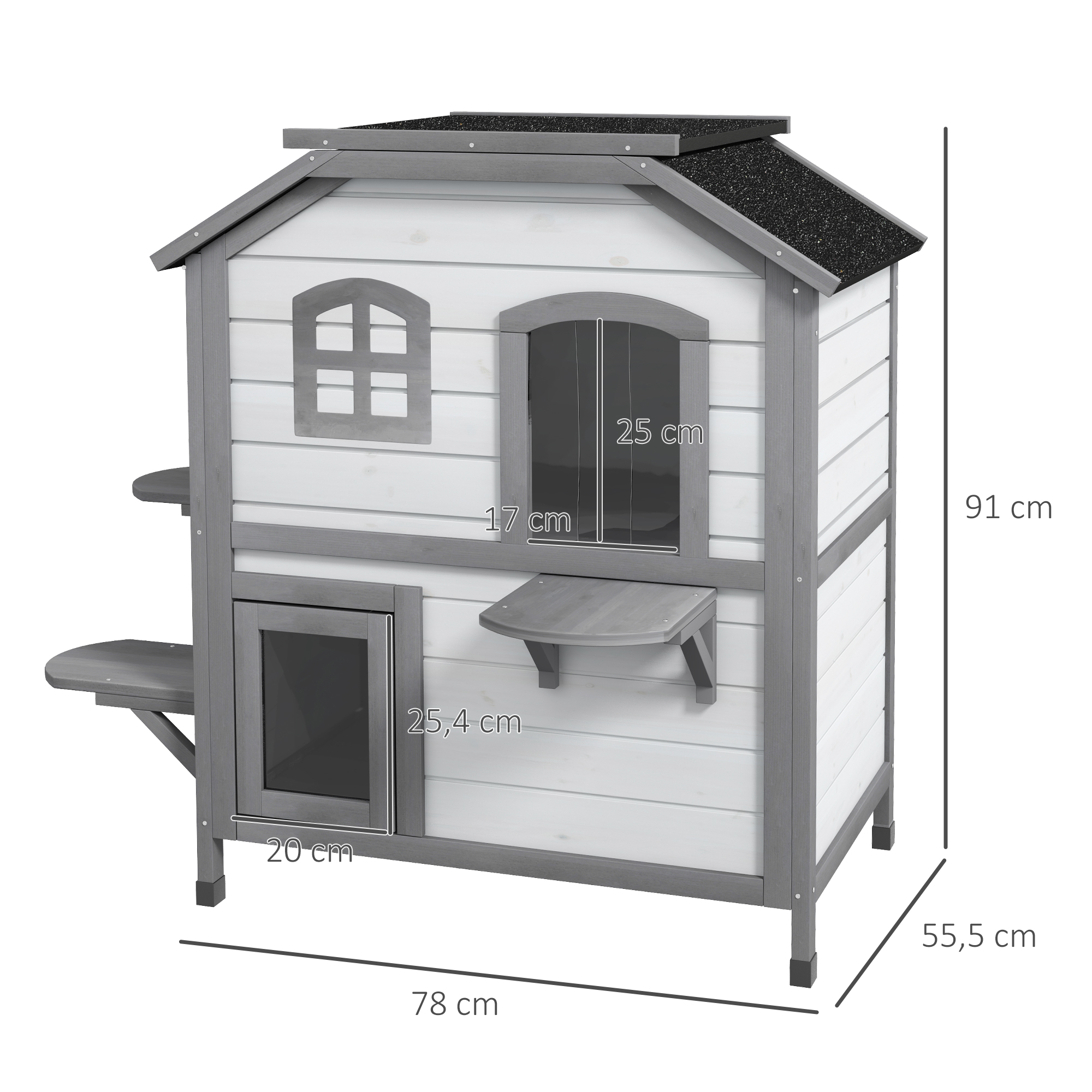 Katzenhaus Katzenhütte Katzenhöhle, 2 Stockwerke, wetterbeständig, 99,5 cm x 76 cm x 91 cm, Weiß + Grau