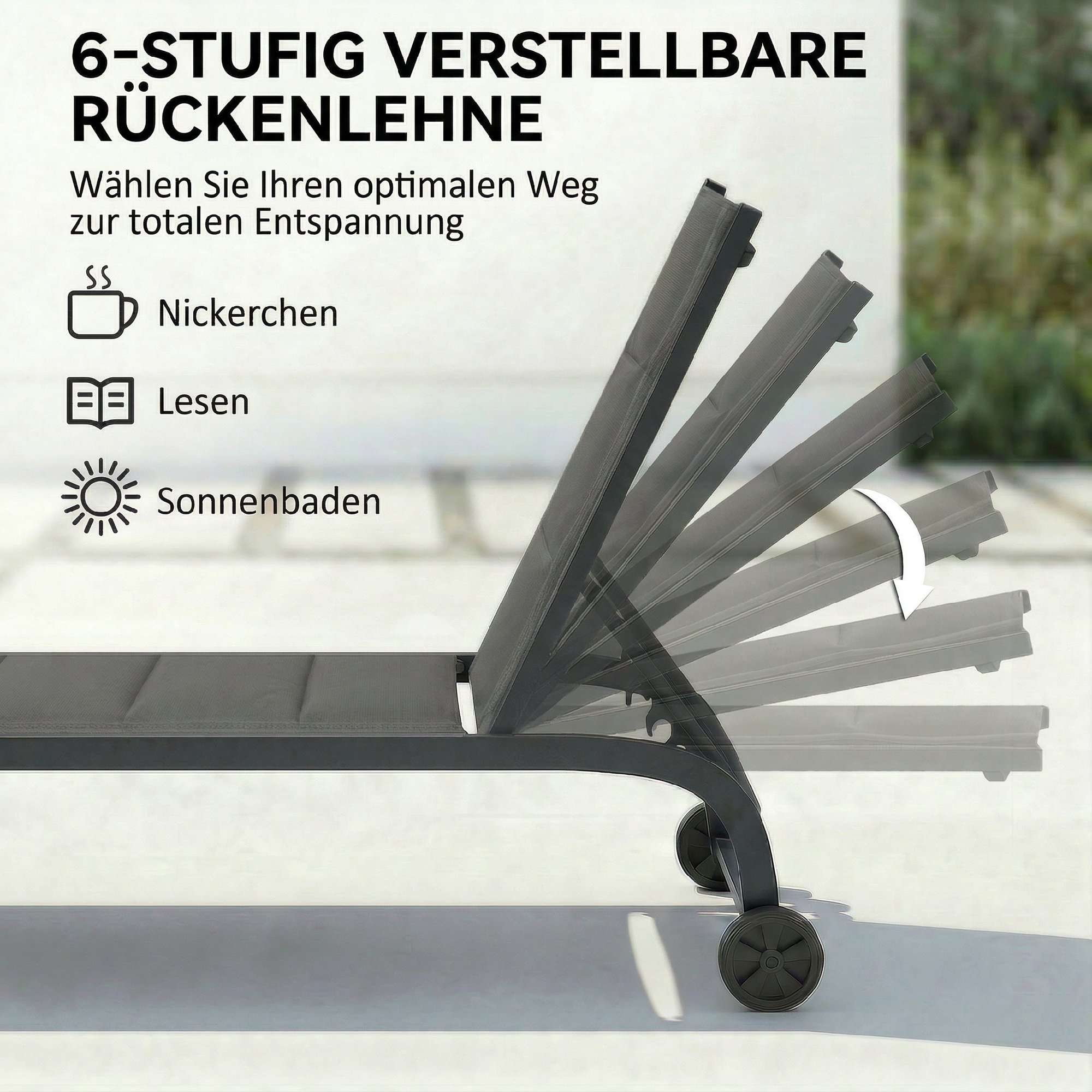 Sonnenliege Atmungsaktive Gartenliege mit 6-fach Verstellbar Rückenlehne Rädern Aluminiumrahmen Dunkelgrau
