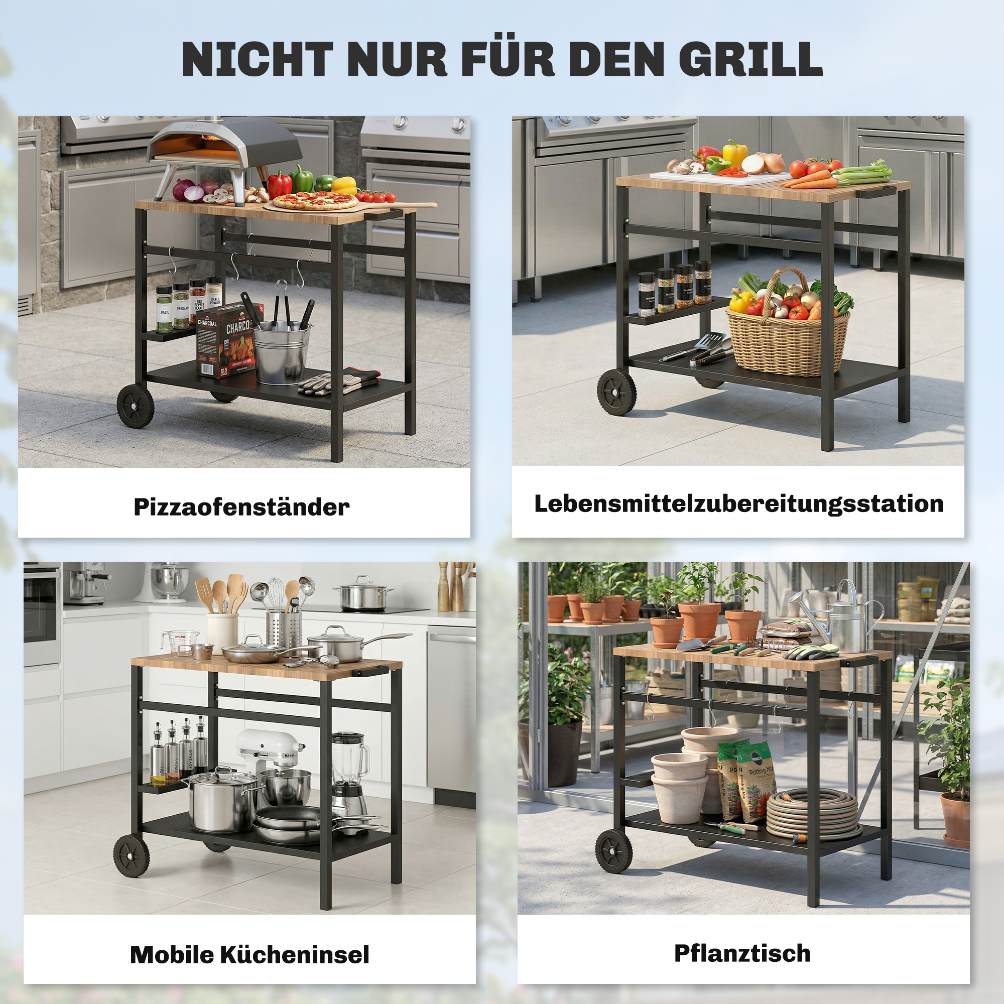 Küchenwagen mit Rollen, Servierwagen, Rollwagen mit Haken, Getränkehalter, Metall, 97 x 51 x 83 cm Schwarz+Braun