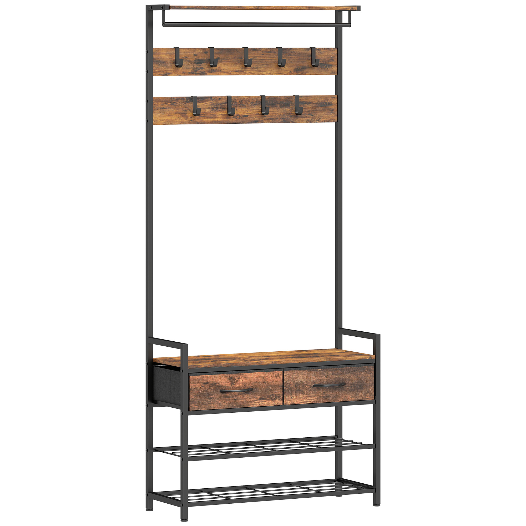 Garderobenständer mit Kleiderhaken, Schuhbank, Industrieller Eingangs-Organizer, Stahlrahmen, Rustikal Braun