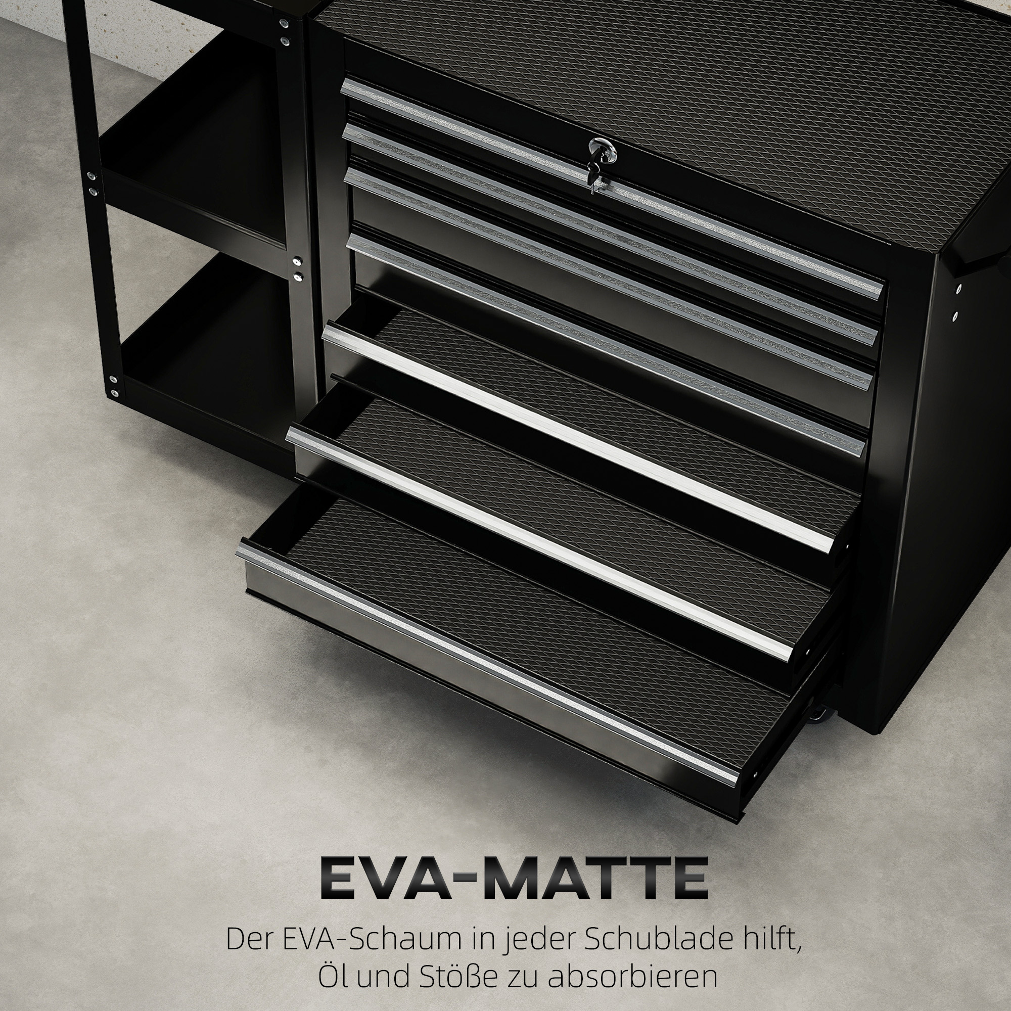 Werkstattwagen Werkzeugwagen mit 7 Schubladen abnehmbar Seitenregal 4 Rollen mit Feststellbremse, 96x33,5x75cm, Schwarz
