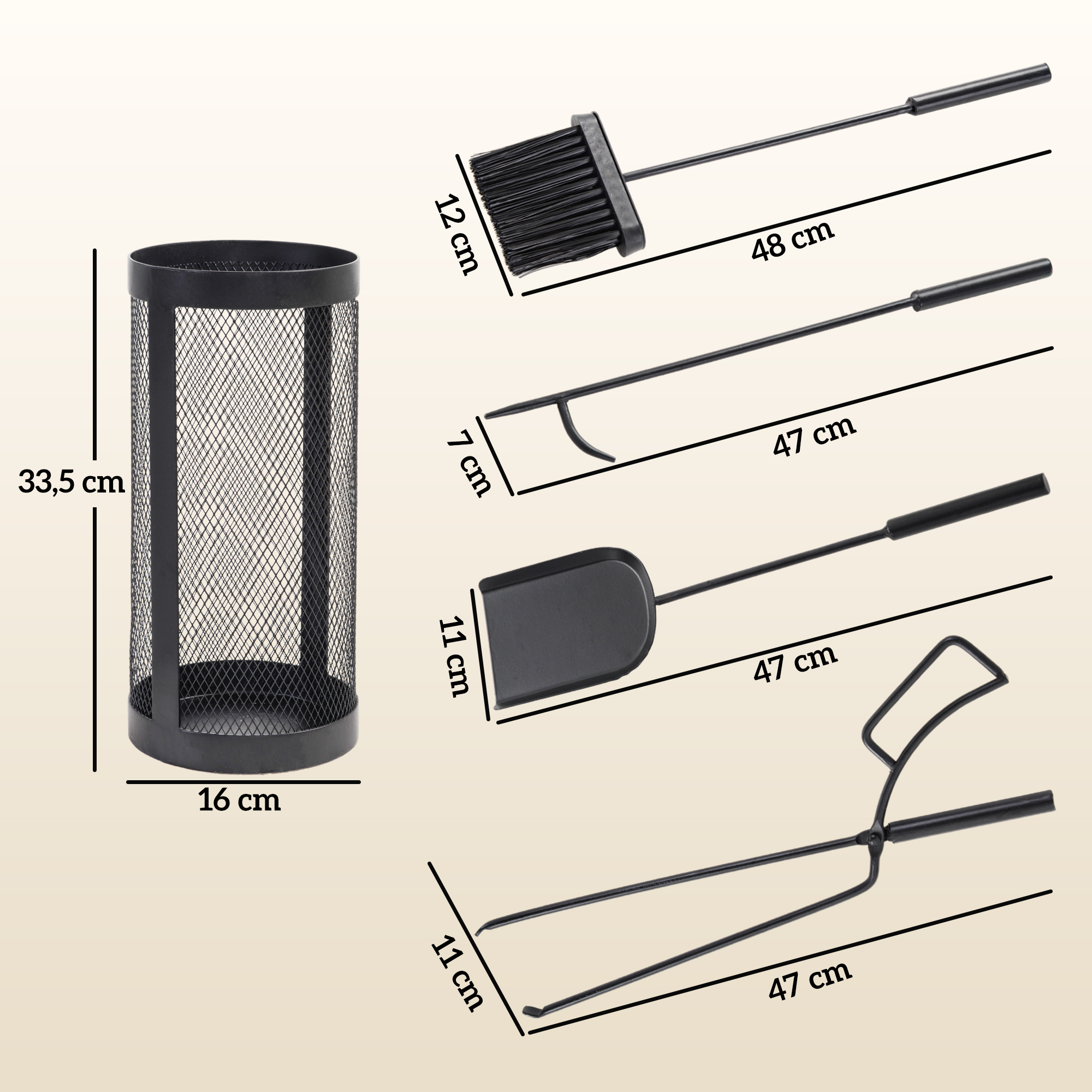 Kaminbesteck, 5-teilig, Besen, Schaufel, Zange, Schürhaken und Korb, feuerfestes Metall, Schwarz