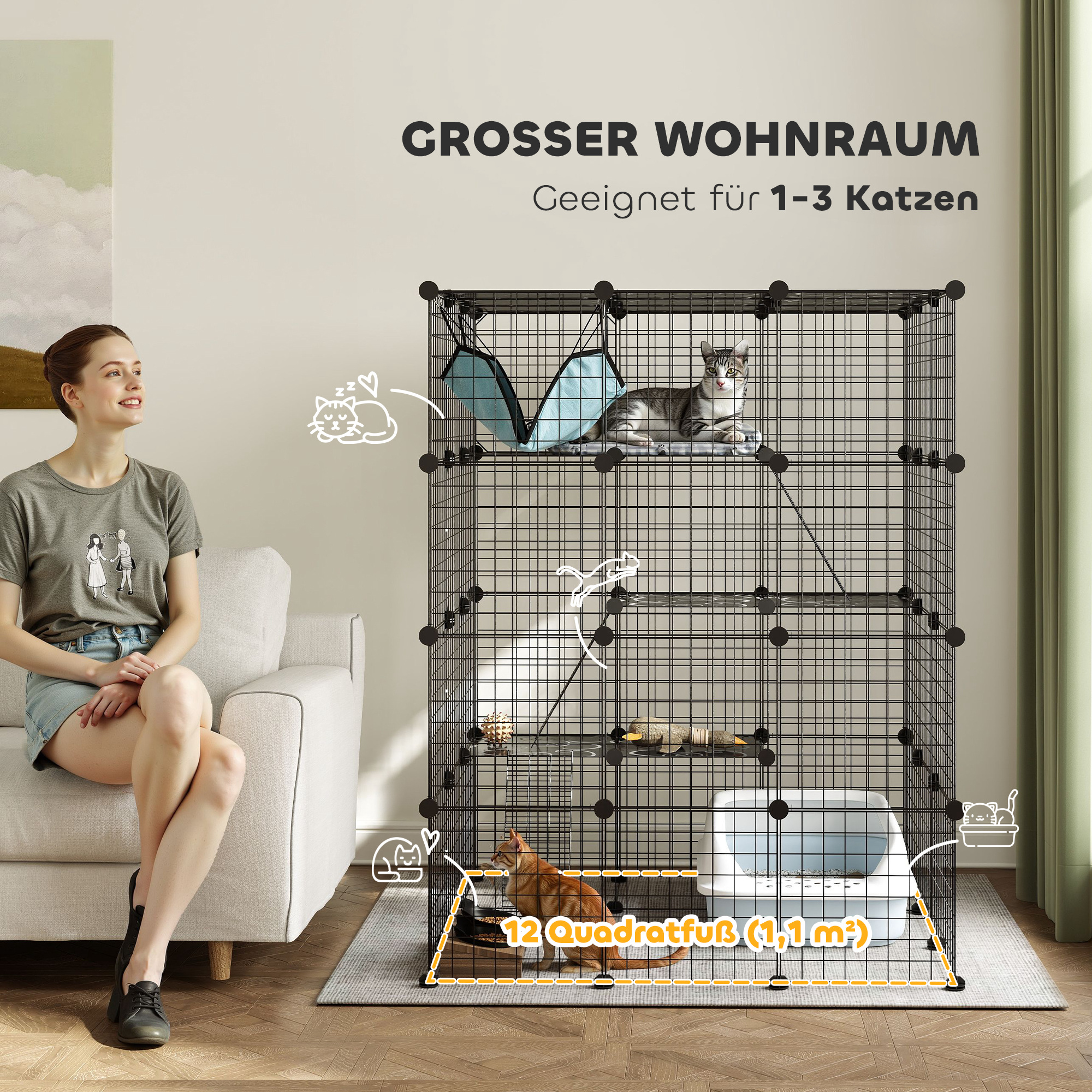 Katzenkäfig für Drinnen 4-stöckig DIY-Katzengehege mit dichtem Metalldraht Hängematte Rampe Türen Sprungplattformen