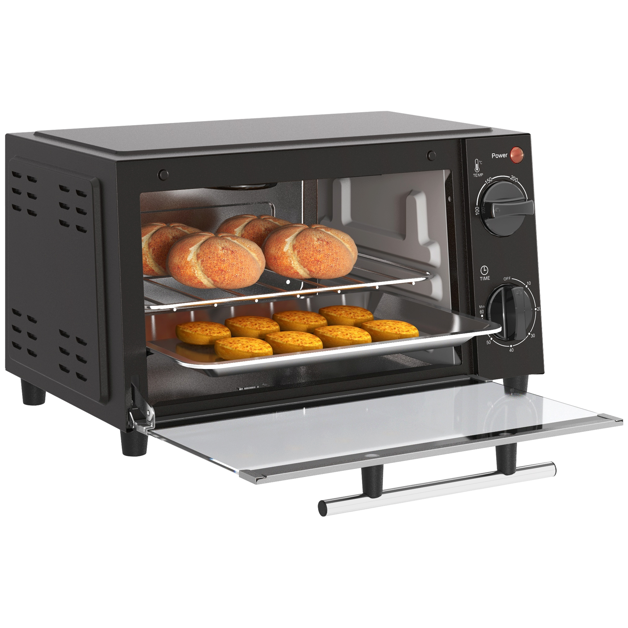 Mini-Backofen, 9 Liter Fassungsvermögen, Einstellbare Temperatur und Garzeit, mit Grillrost und Backblech, Schwarz Mini-Backofen, 9 Liter Fassungsvermögen, Einstellbare Temperatur und Garzeit, mit Grillrost und Backblech, Schwarz