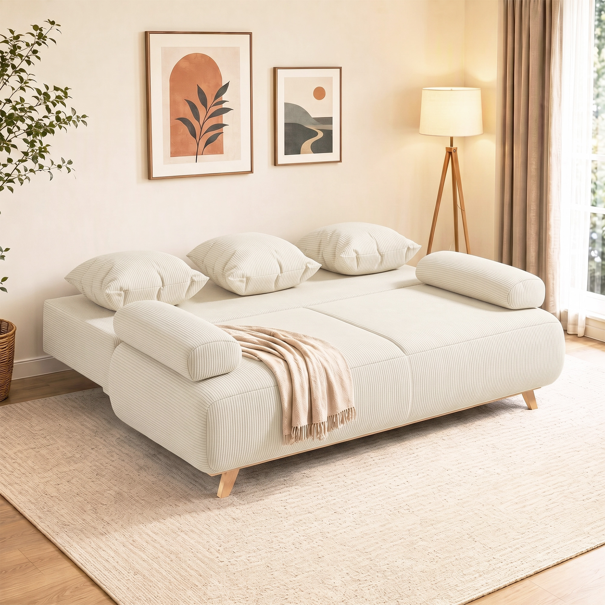 Schlafsofa mit verstellbarer Rückenlehne, Bettfunktion, verstecktem Stauraum und Cordbezug, Beige